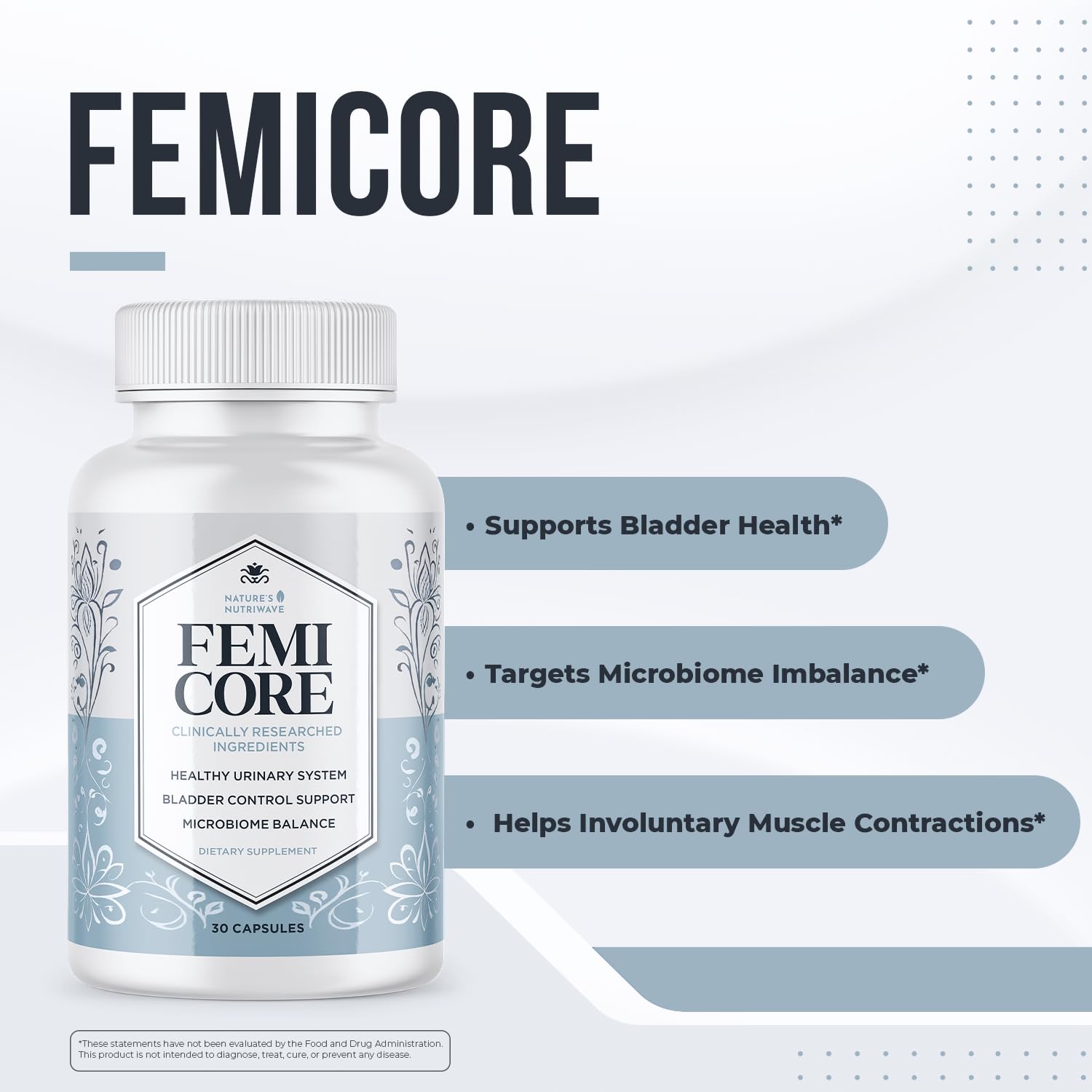 Nature’s NutriWave cápsula FemiCore primer plano mostrando textura y pureza