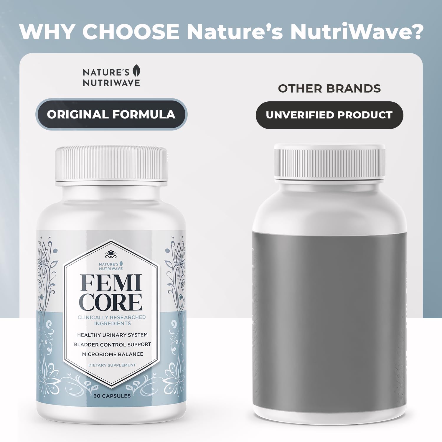 Nature’s NutriWave etiqueta FemiCore con lista de ingredientes y limpieza