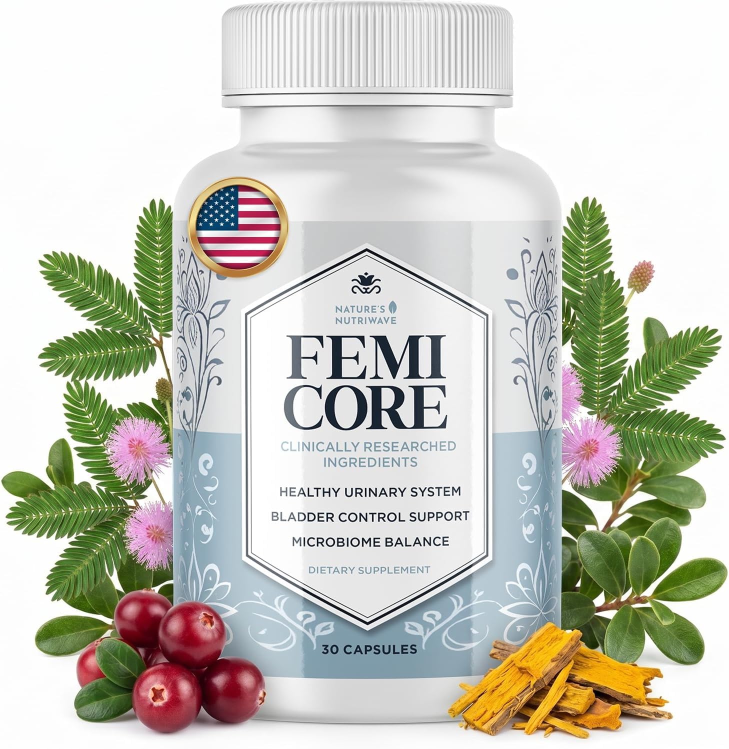 Nature’s NutriWave FemiCore frente del envase mostrando fórmula mensual y beneficios