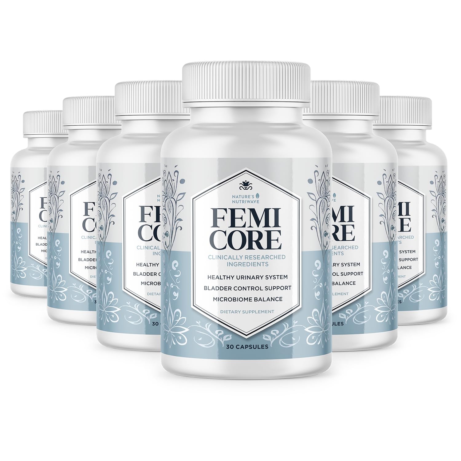 Nature’s NutriWave frasco FemiCore frente mostrando etiqueta clara y beneficios