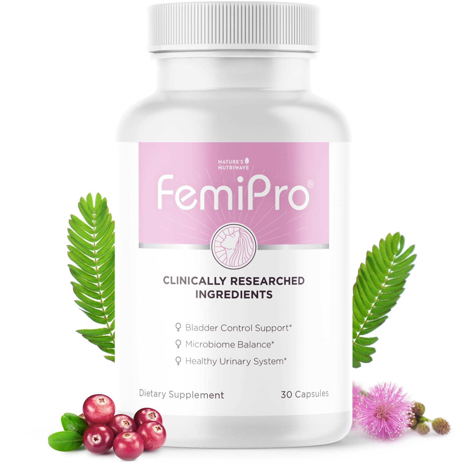 Nature’s NutriWave frasco FemiPro frente mostrando etiqueta y confianza