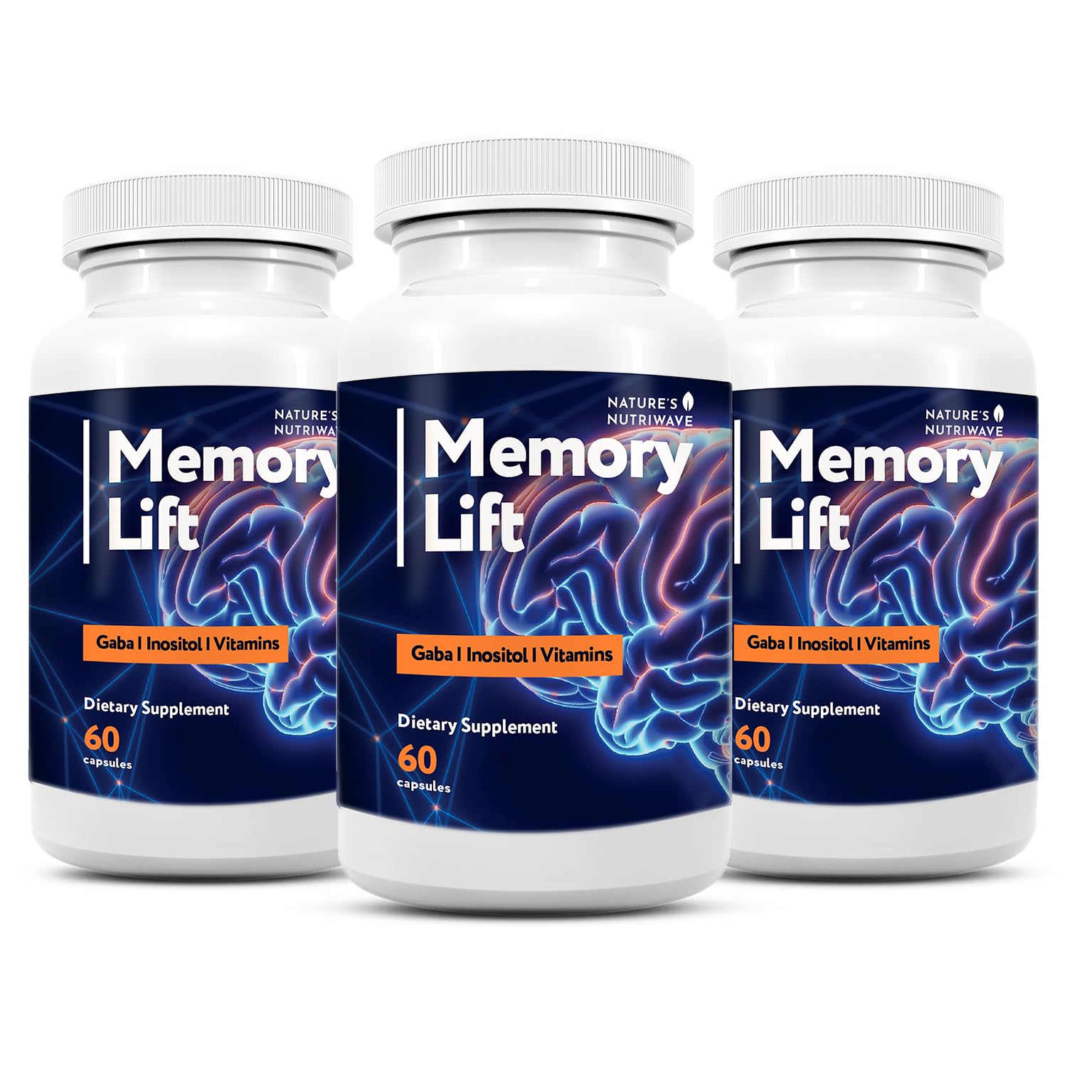 Nature’s NutriWave frasco Memory Lift vista frontal con etiqueta clara beneficio conveniencia