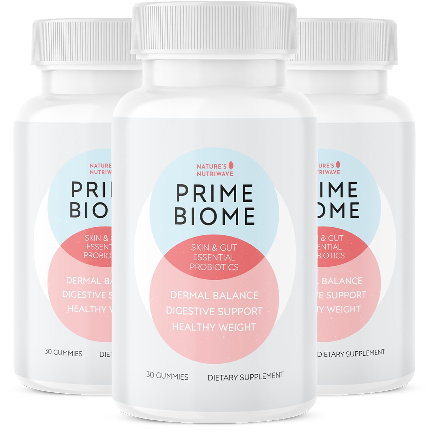 Nature’s NutriWave frasco frontal mostrando PrimeBiome y beneficios de uso