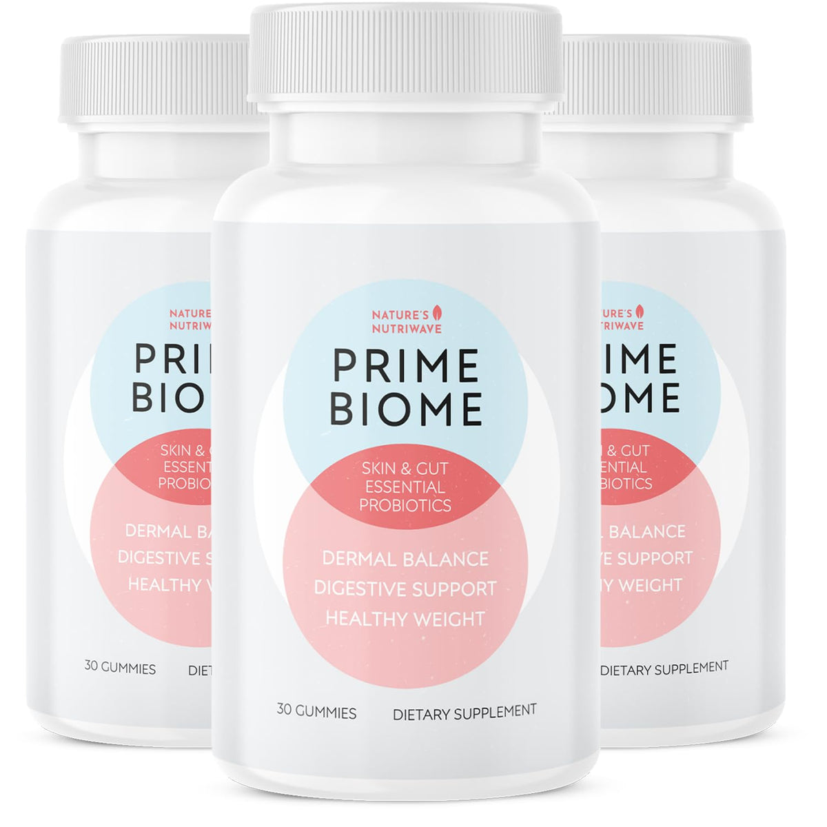 Nature’s NutriWave frasco frontal mostrando PrimeBiome y beneficios de uso