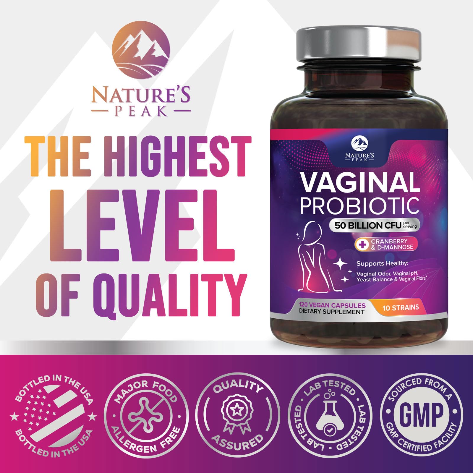 Nature's Peak detalle de la etiqueta con las 10 cepas probióticas listadas