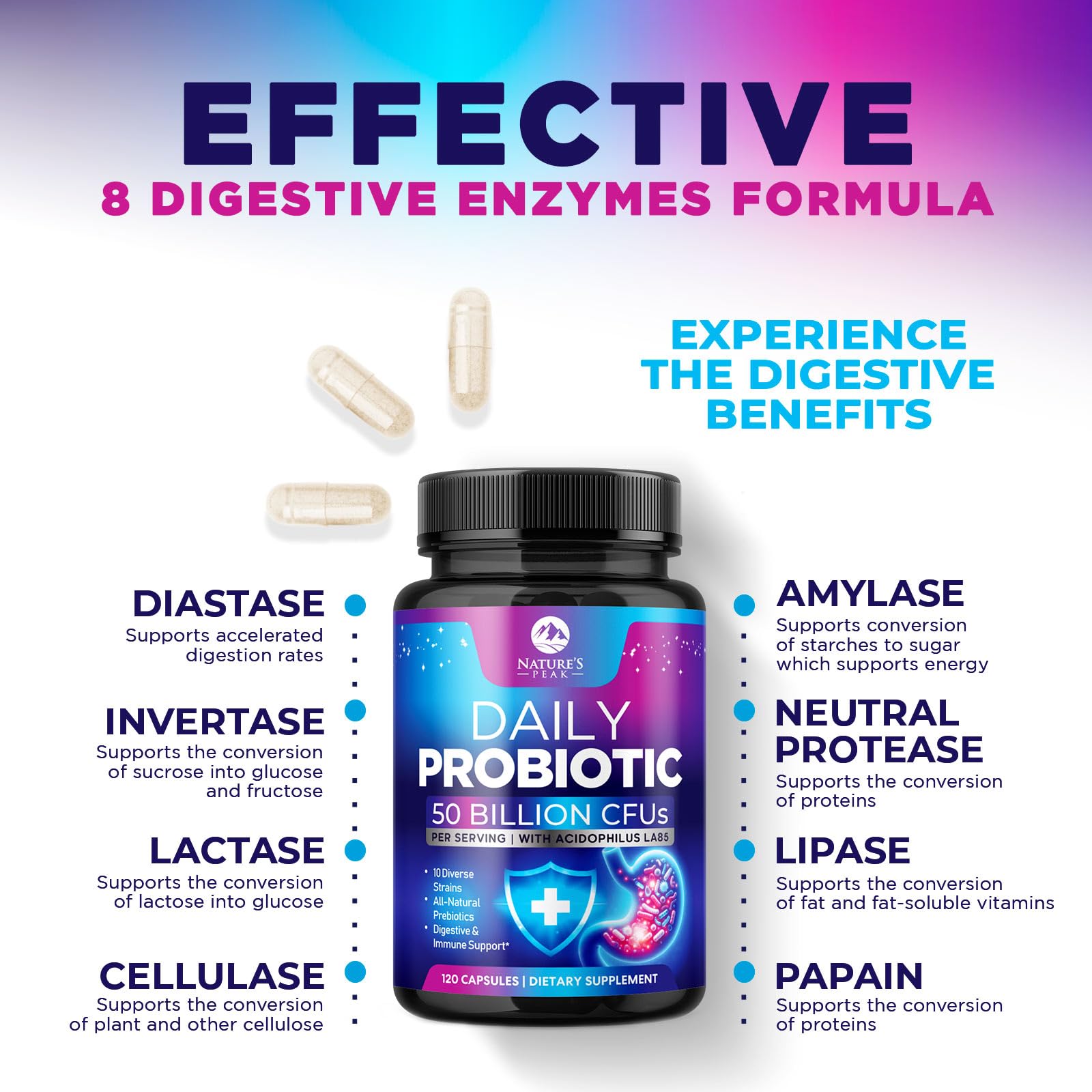 Nature's Peak etiqueta nutricional que confirma cepas y 50 mil millones UFC