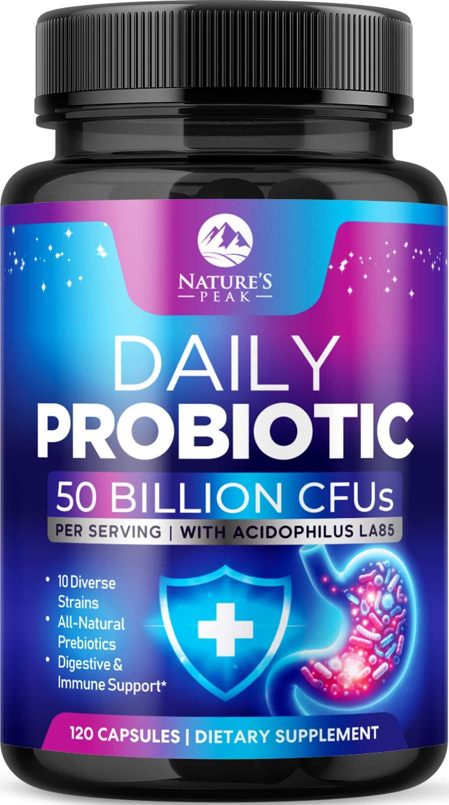 Nature's Peak botella frontal que muestra fórmula y beneficio digestivo