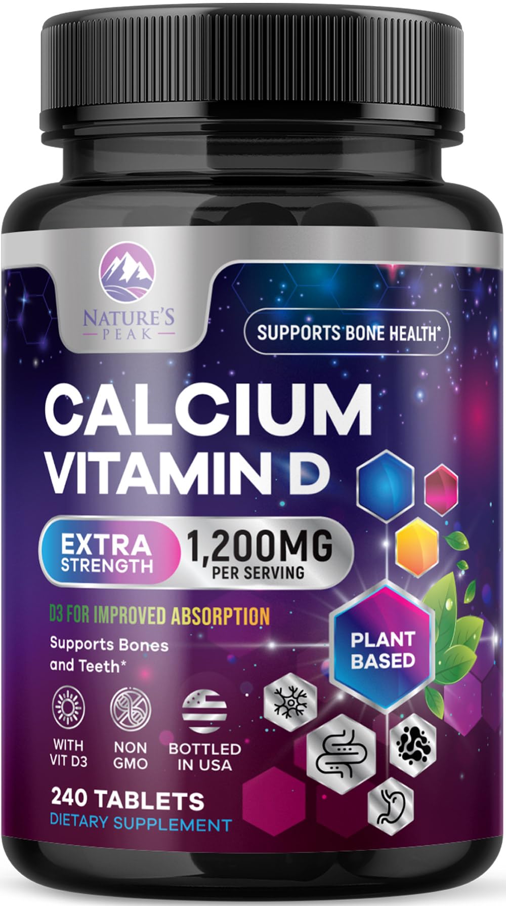 Nature's Peak envase frontal mostrando calcio y vitamina D3, beneficio soporte óseo