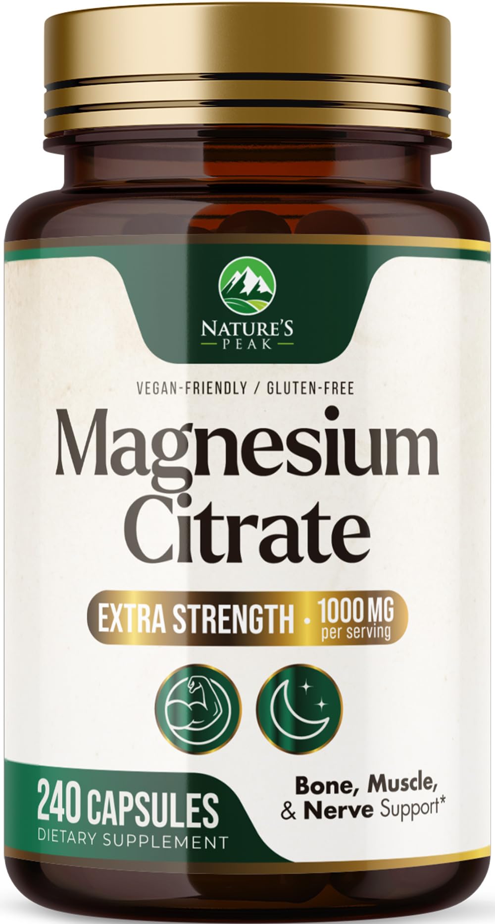 Nature's Peak envase frontal mostrando 240 cápsulas y beneficios de absorción