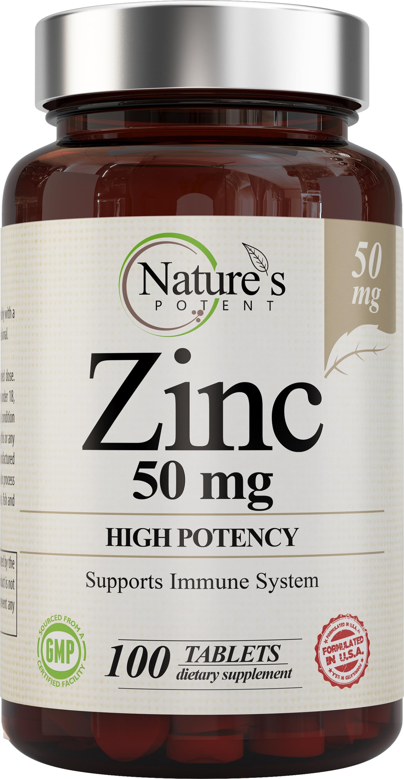 Nature's Potent botella frontal mostrando 100 tabletas y beneficio de apoyo inmune