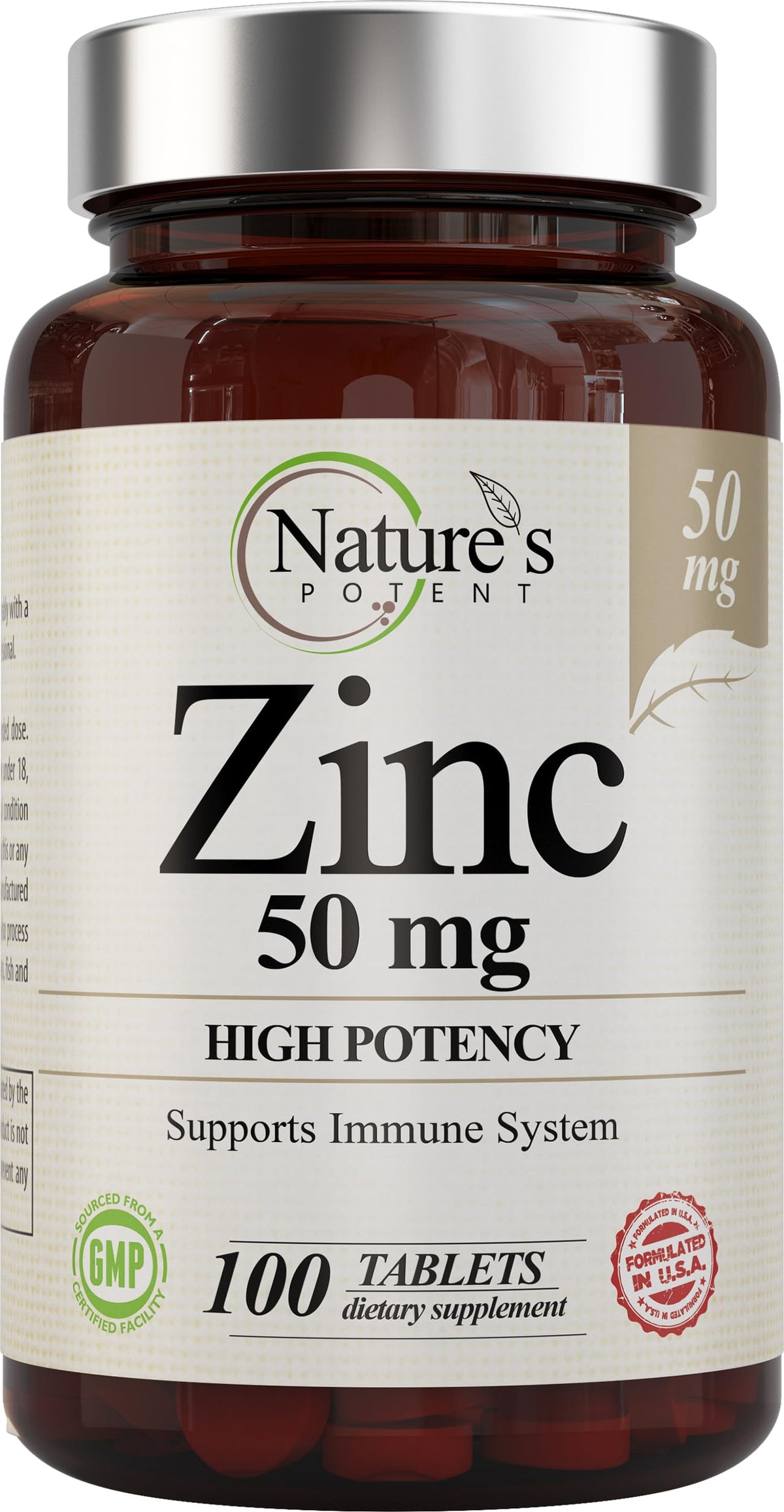 Nature's Potent botella frontal mostrando 100 tabletas y beneficio de apoyo inmune