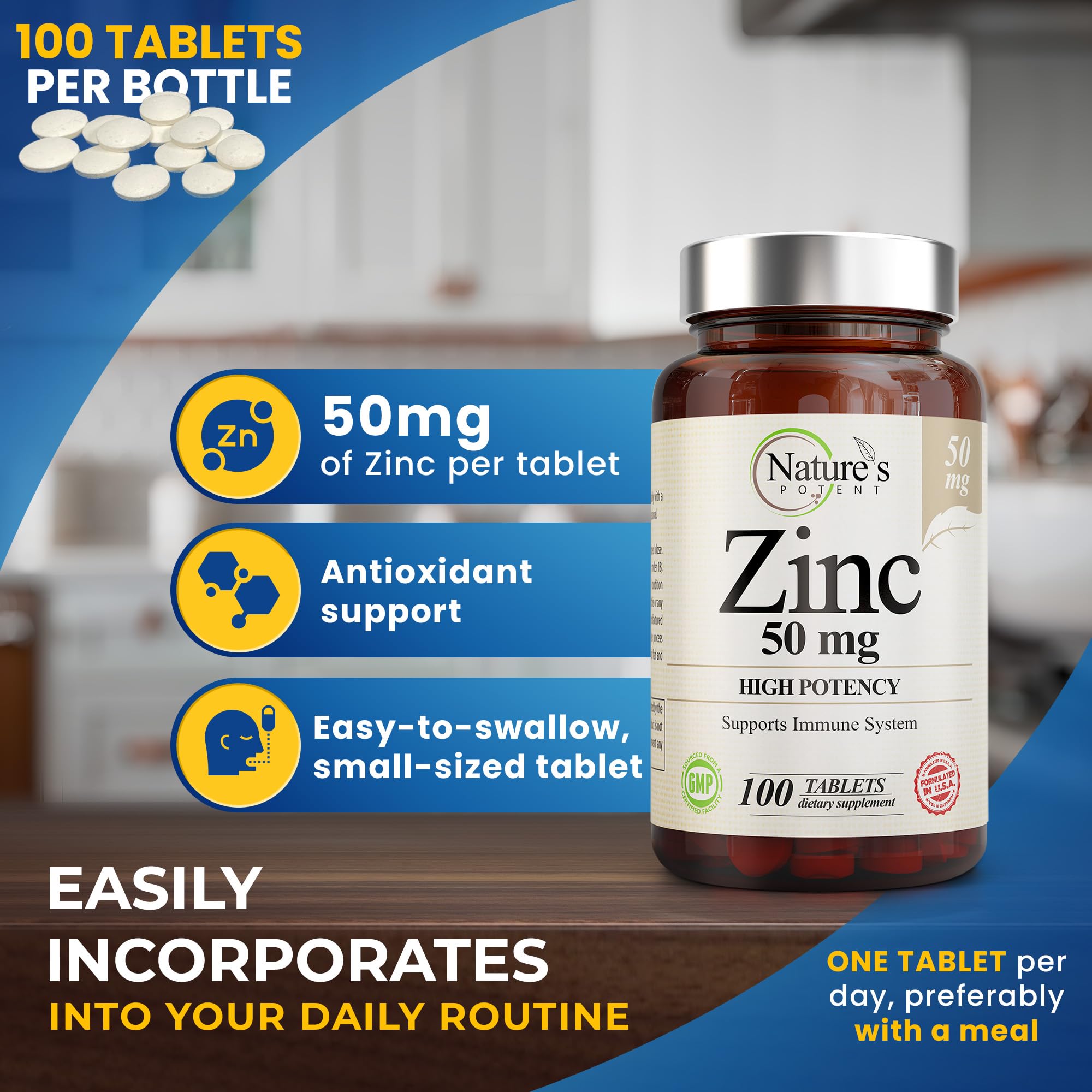 Nature's Potent tabletas de zinc primer plano mostrando textura y fácil ingestión