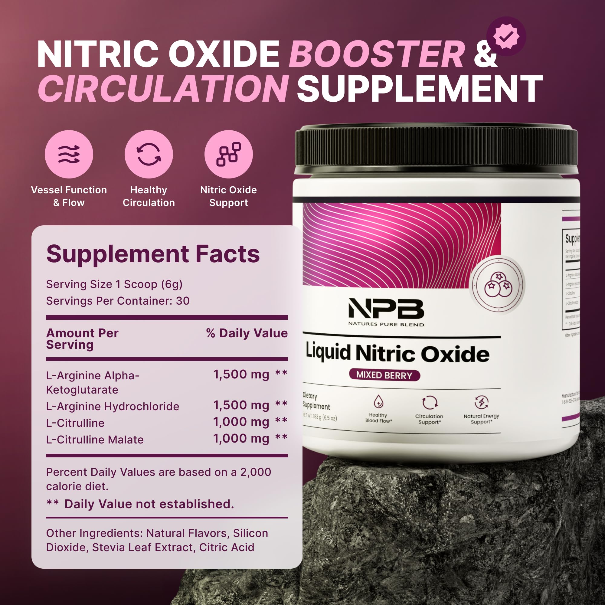 Nature's Pure Blend bote abierto con cucharita para medir dosis y uso sencillo