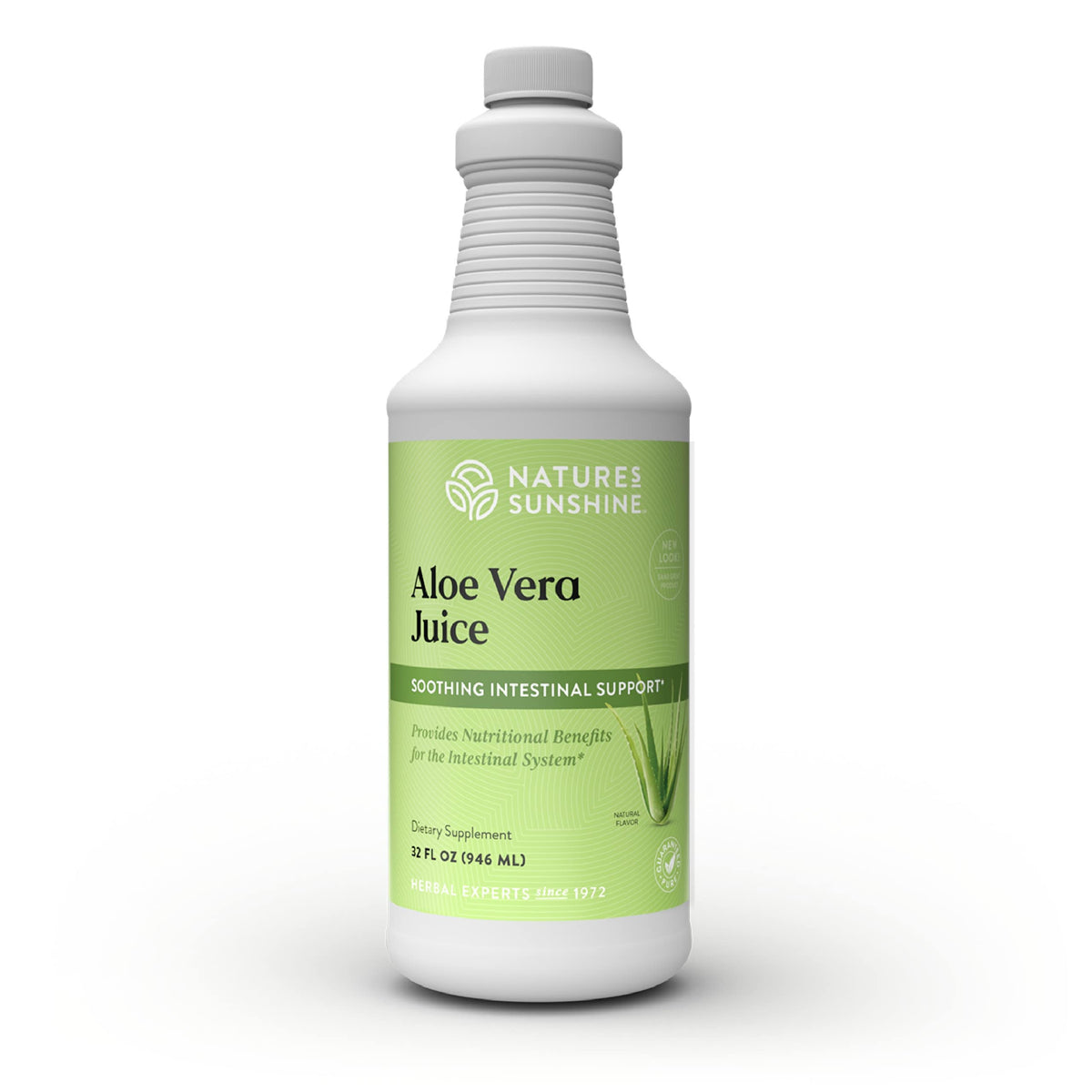 Nature's Sunshine botella frontal del jugo de aloe vera mostrando envase y tamaño
