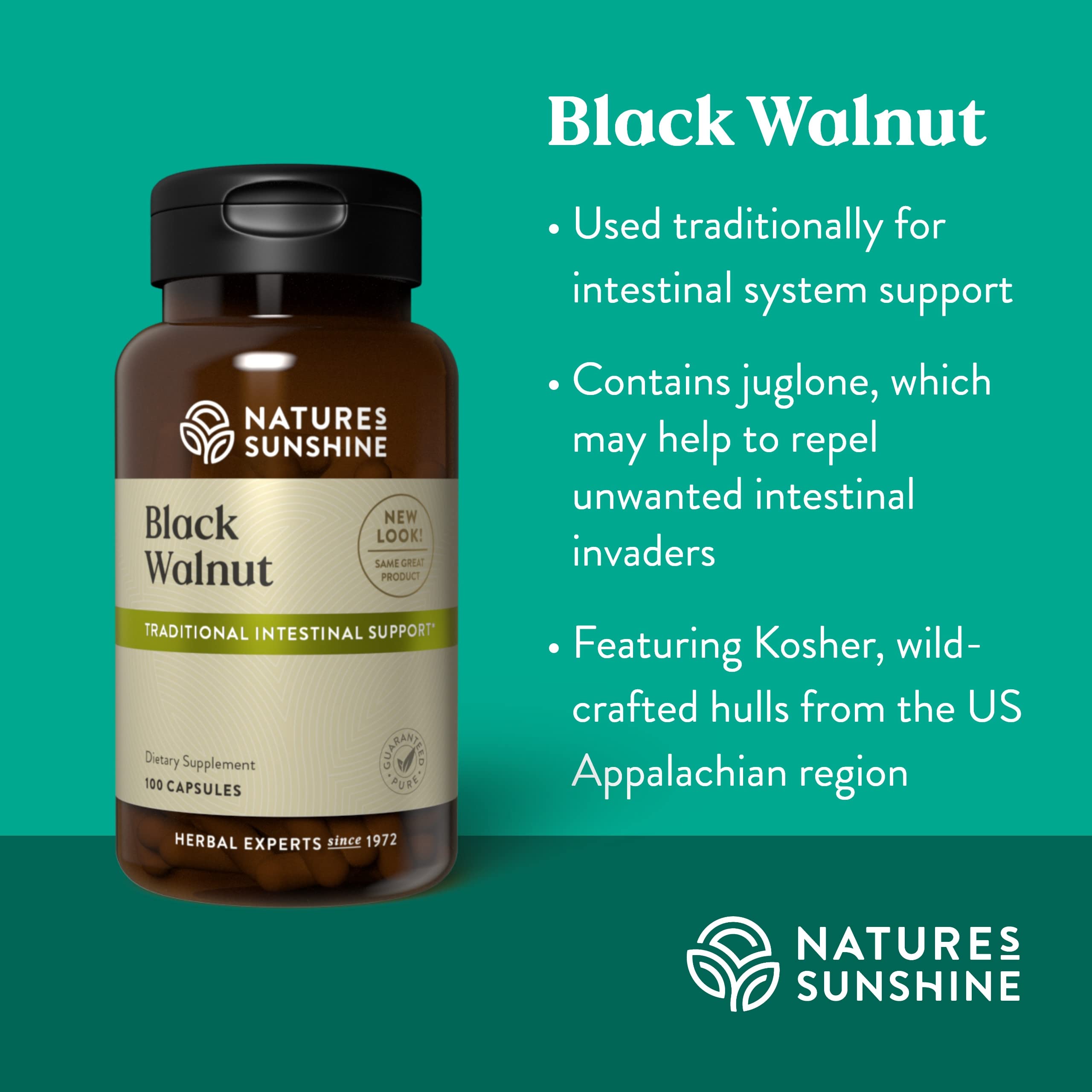 Nature's Sunshine cáscara de nogal negro cruda para mostrar origen natural