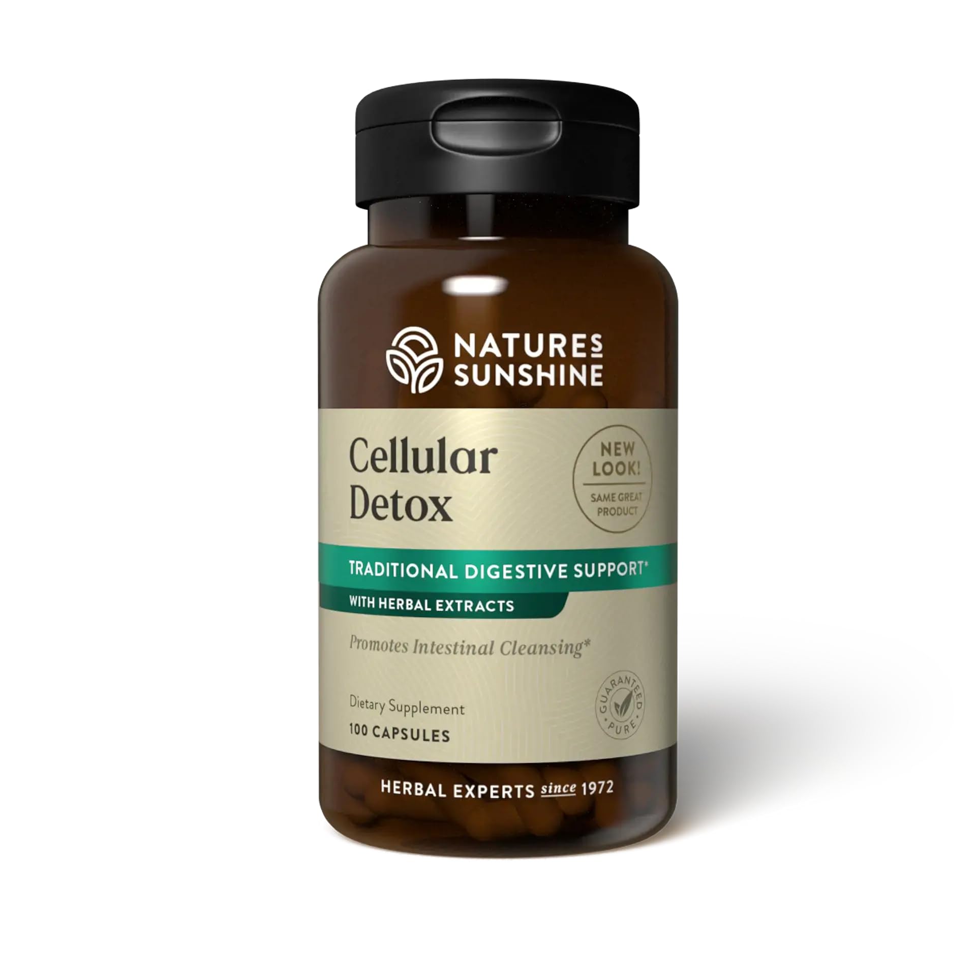 Nature's Sunshine botella frontal mostrando etiqueta y 100 cápsulas, claridad de información