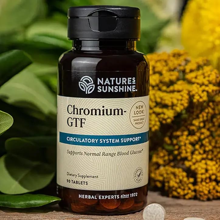 Envase abierto de Nature's Sunshine Chromium GTF junto a plato saludable ilustrando apoyo al metabolismo