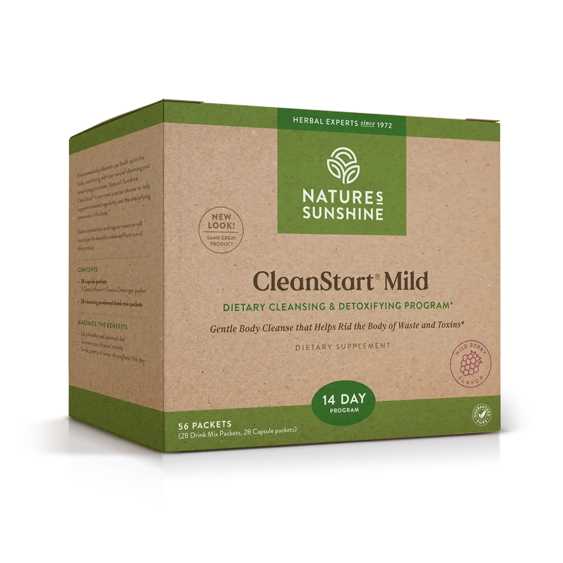 Nature's Sunshine vista frontal del empaquetado mostrando 56 sobres y beneficios