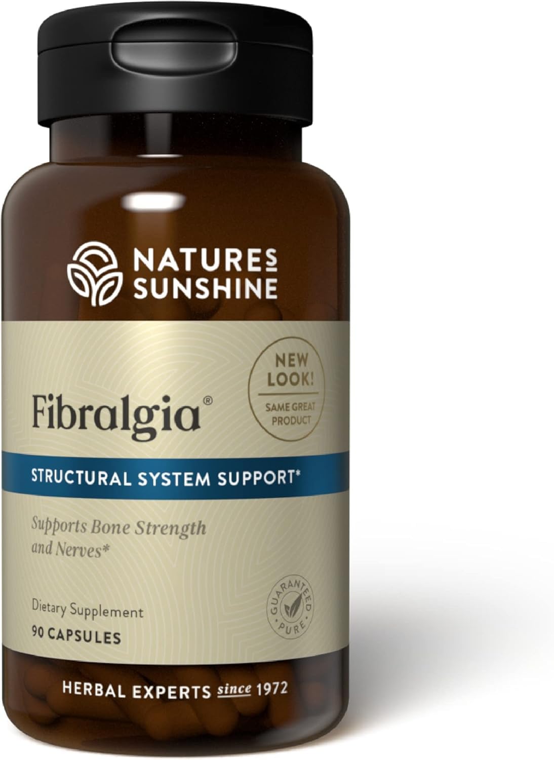 Nature's Sunshine envase frontal de Fibralgia mostrando etiquetado claro y confianza