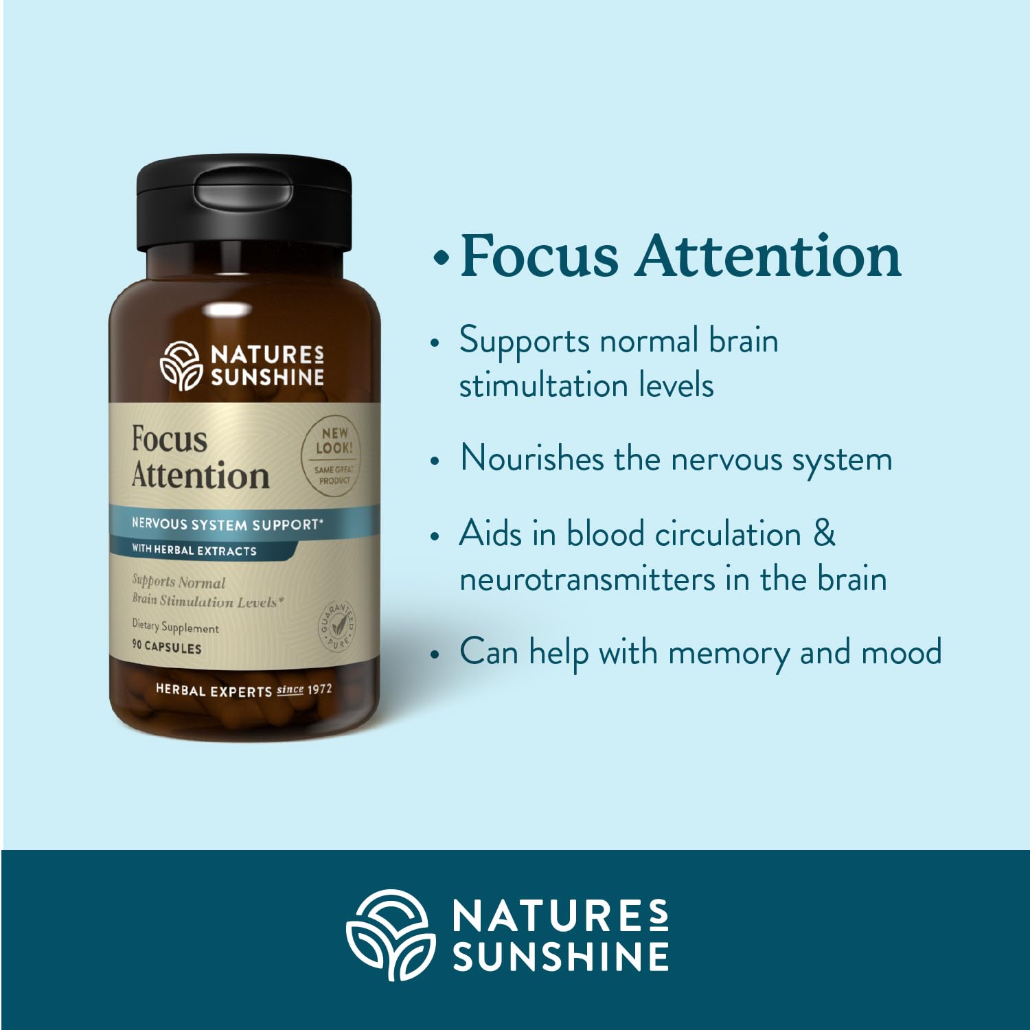 Nature's Sunshine cápsulas Focus Attention primer plano textura y contenido
