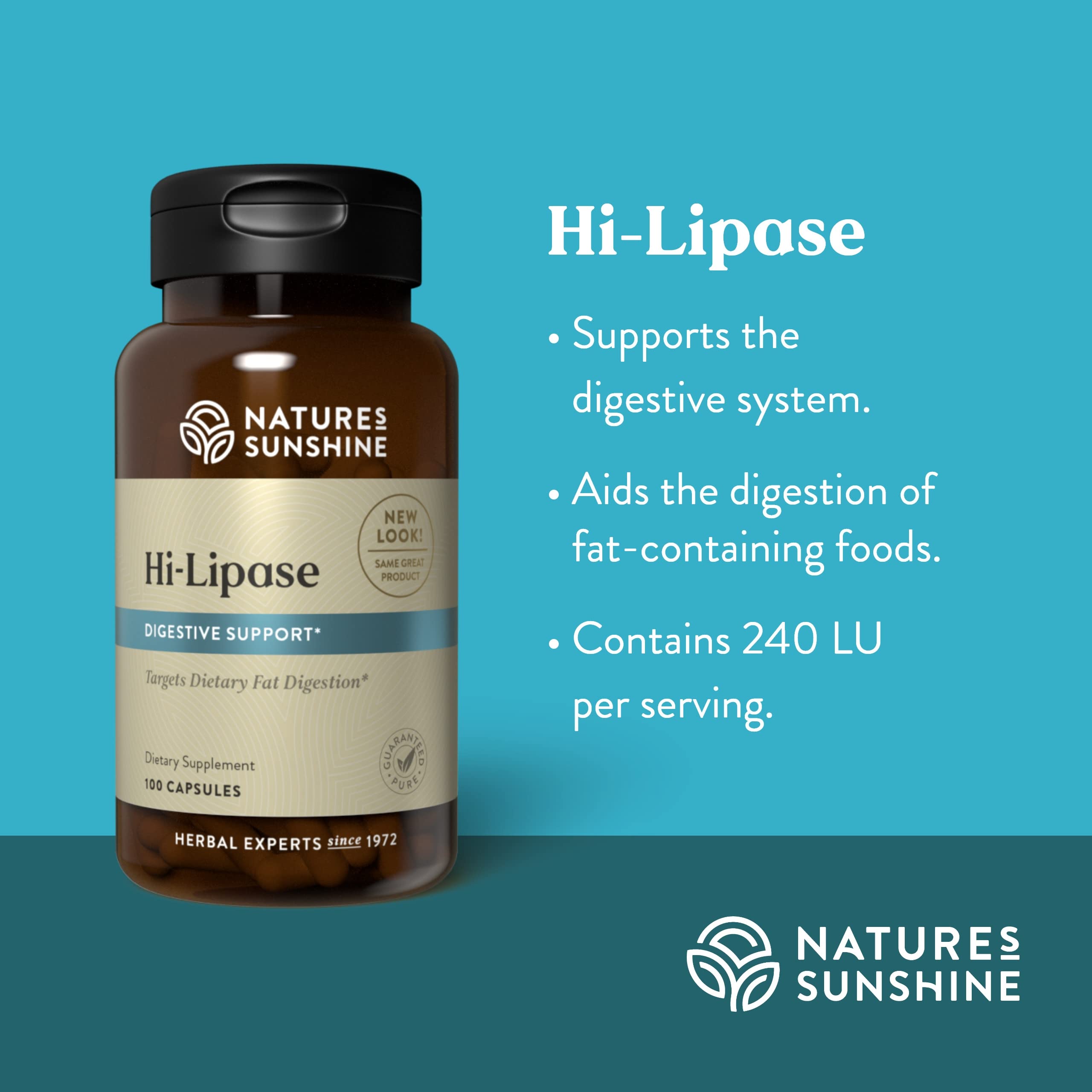 Nature's Sunshine etiqueta Hi-Lipase con información nutricional y beneficios esenciales
