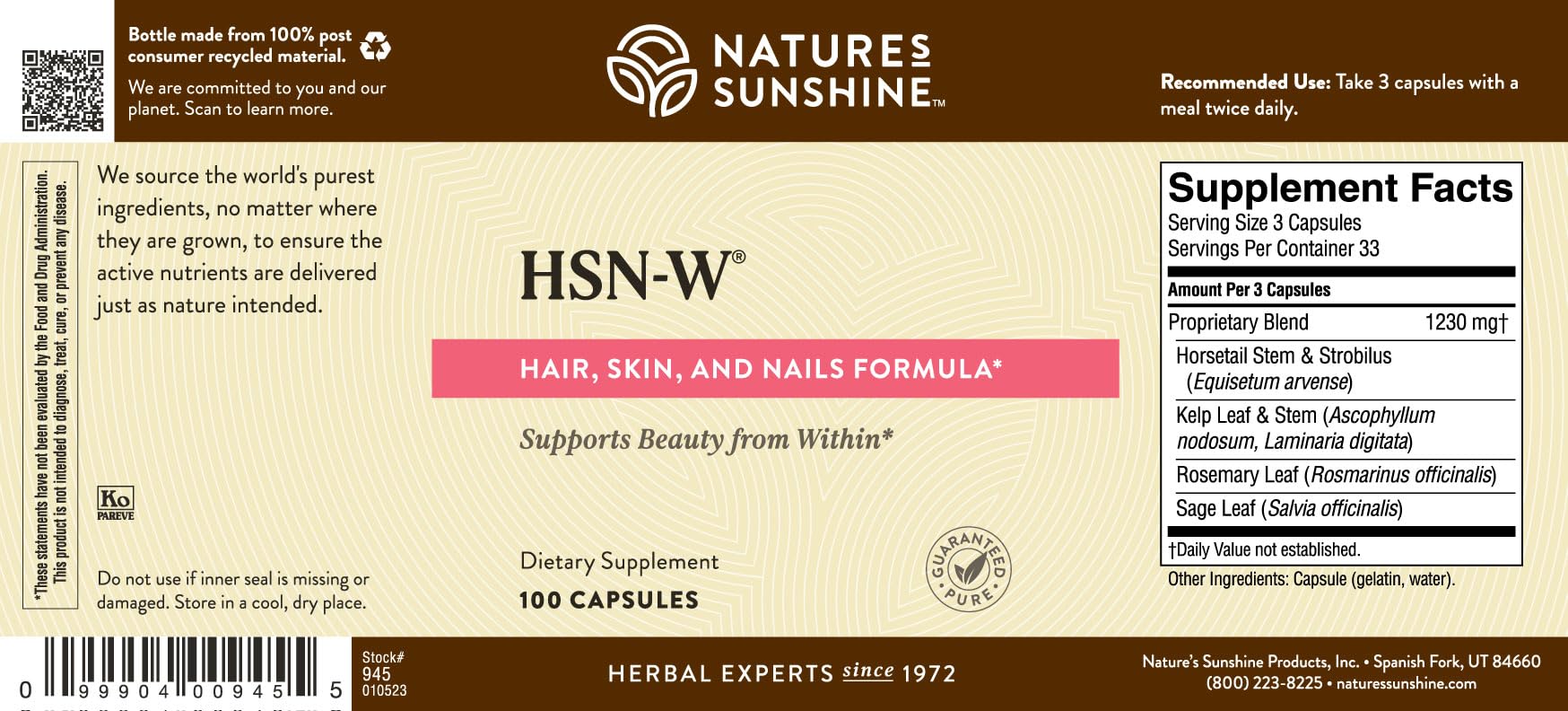 Nature's Sunshine frasco junto a mano para comparar tamaño y cantidad de cápsulas