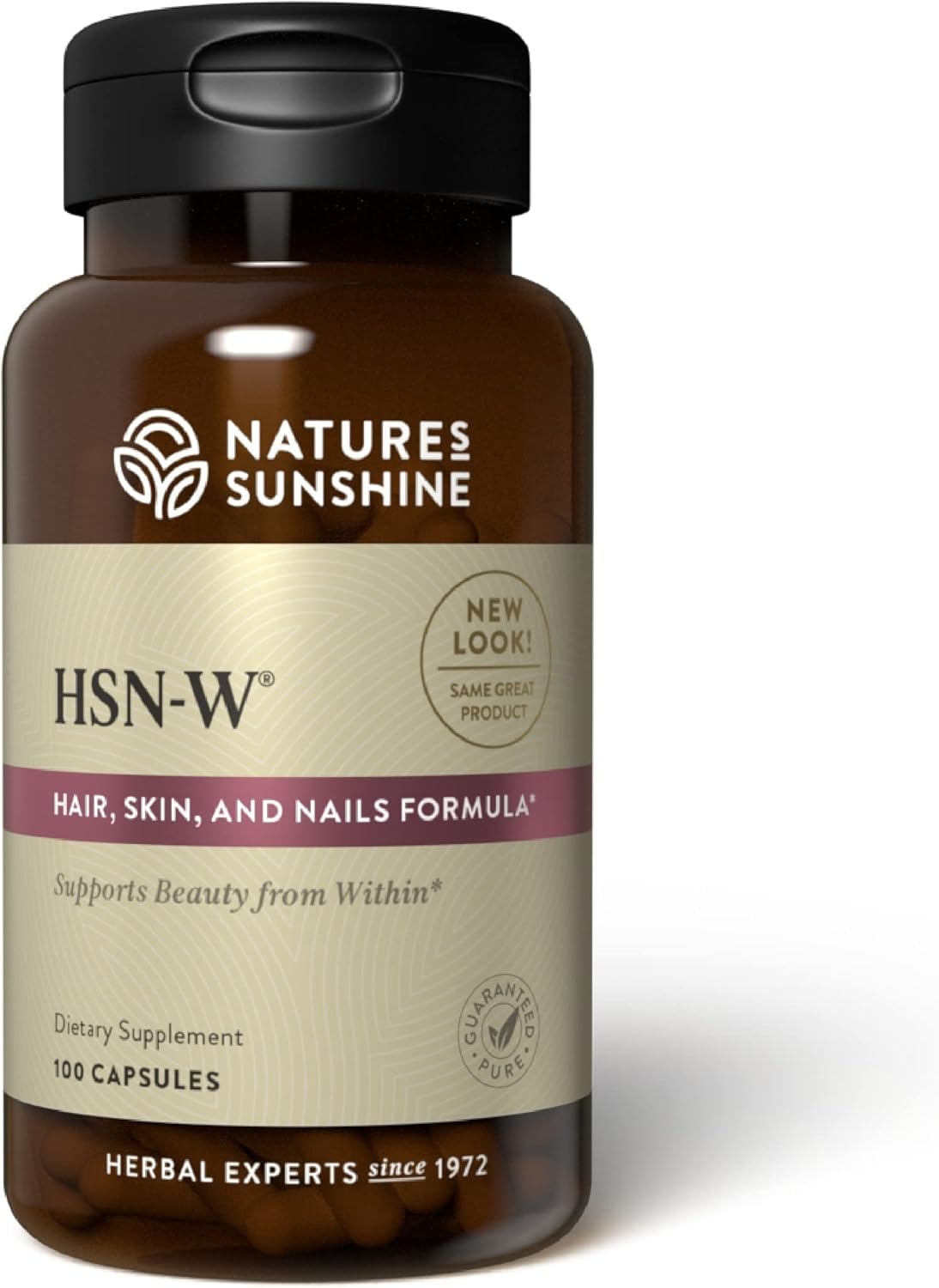 Nature's Sunshine frasco frontal mostrando etiqueta y 100 cápsulas, confianza de marca