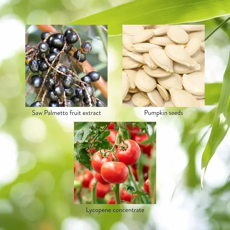 Ingredientes botánicos (saw palmetto, calabaza) cerca beneficiando la fórmula