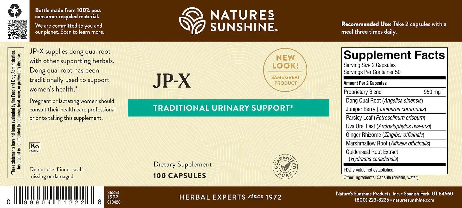 Nature's Sunshine JP-X frasco en mano para comparar tamaño y cantidad de cápsulas