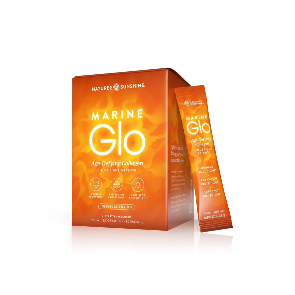 Nature's Sunshine empaque frontal mostrando sobres y beneficios visibles