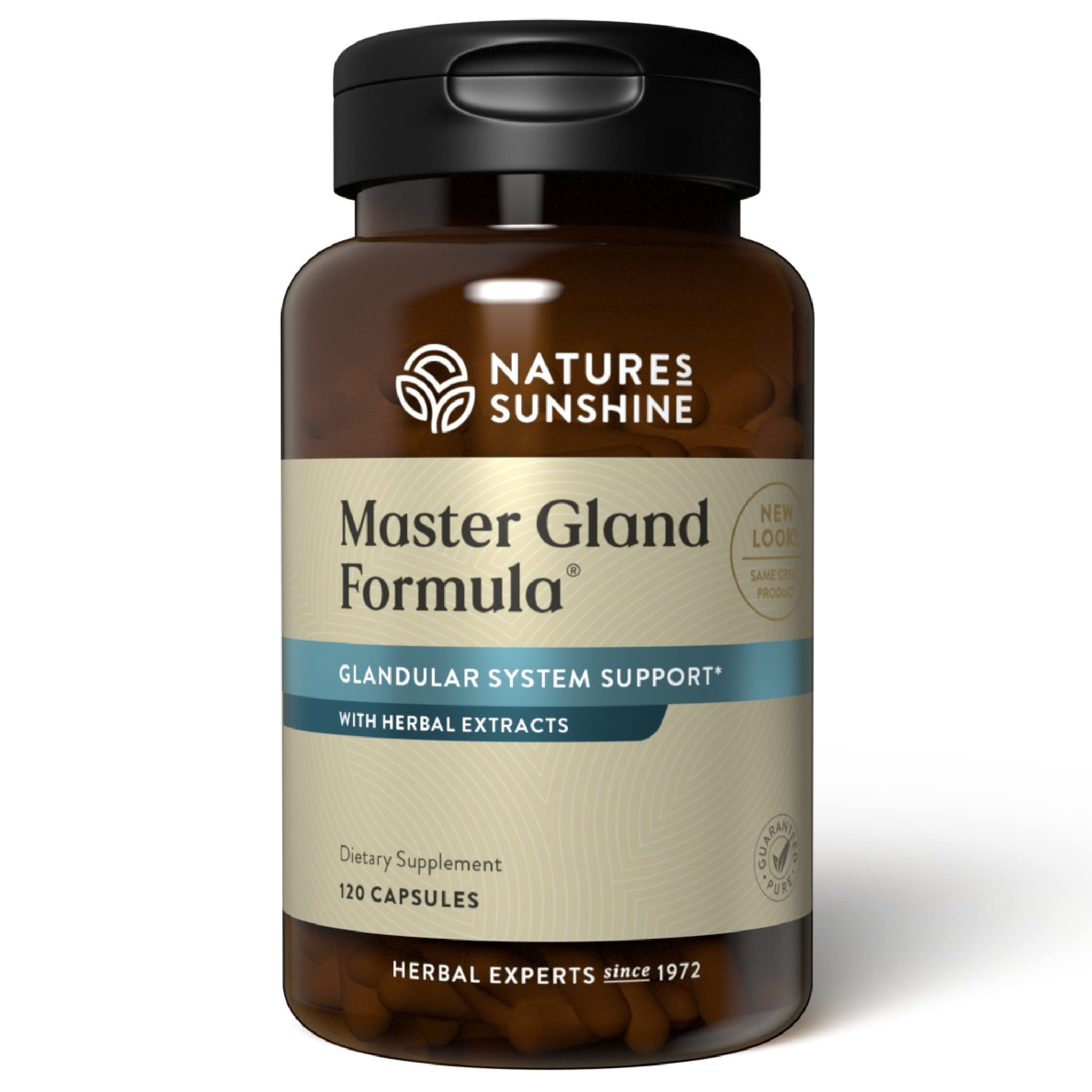 Nature's Sunshine frasco Master Gland frontal mostrando etiqueta clara y beneficios