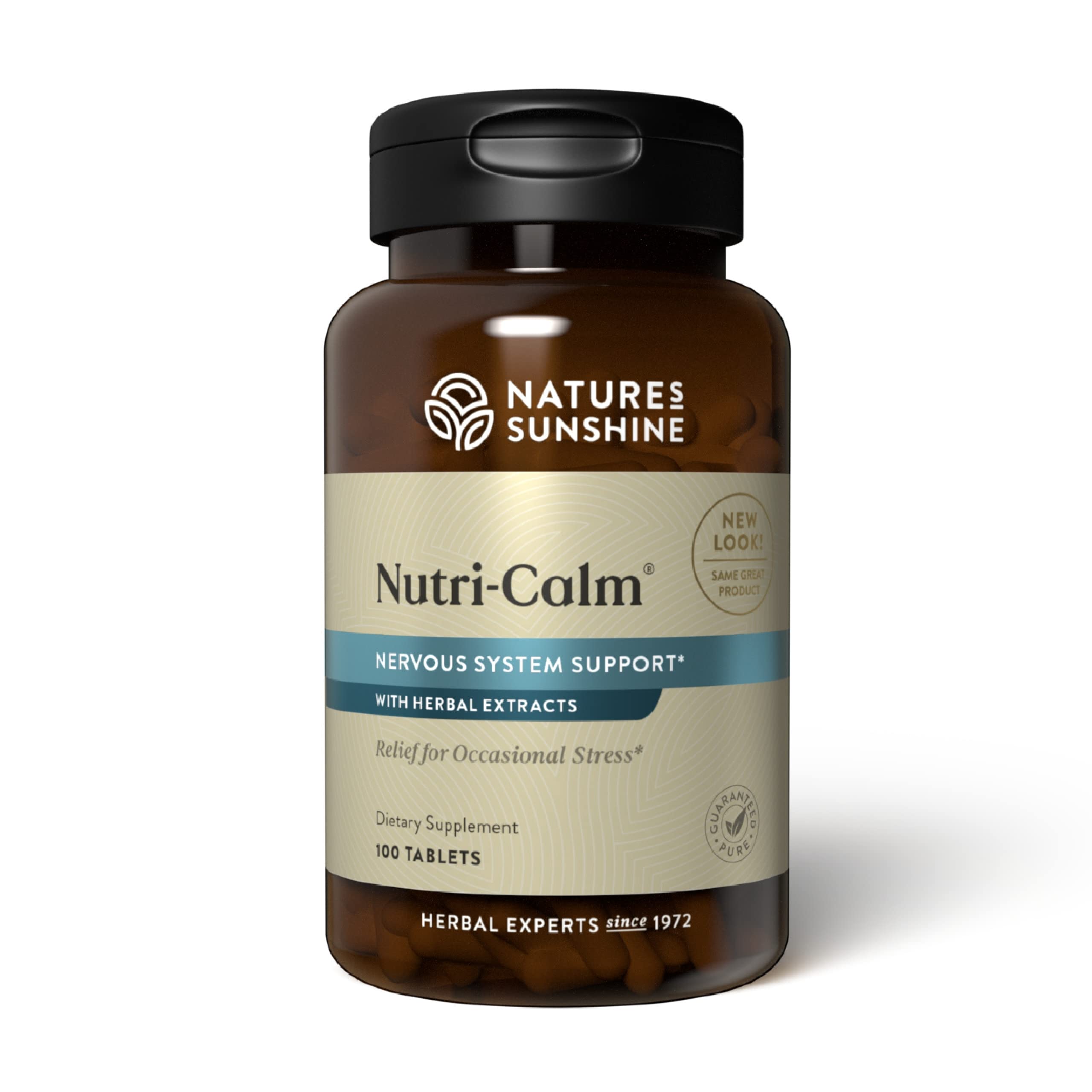 Nature's Sunshine frasco Nutri-Calm frente mostrando la etiqueta y beneficio calma