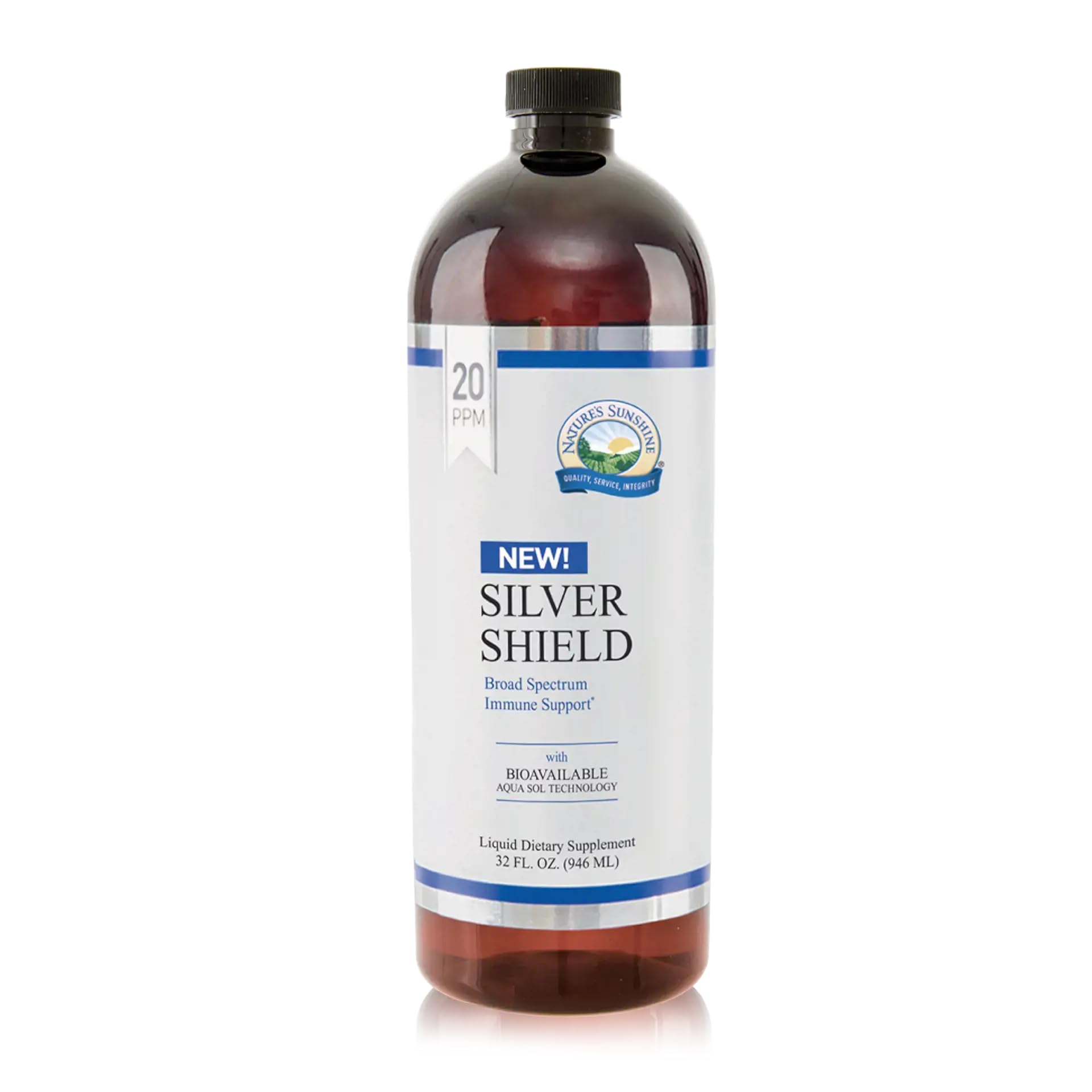 Nature's Sunshine frasco frontal mostrando Silver Shield y diseño claro para identificar producto
