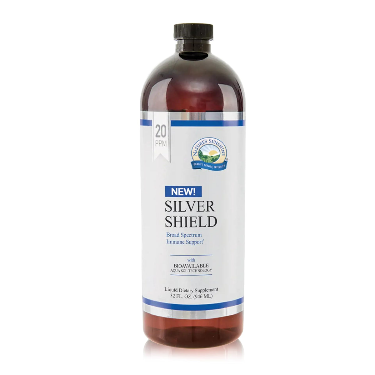 Nature's Sunshine frasco frontal mostrando Silver Shield y diseño claro para identificar producto