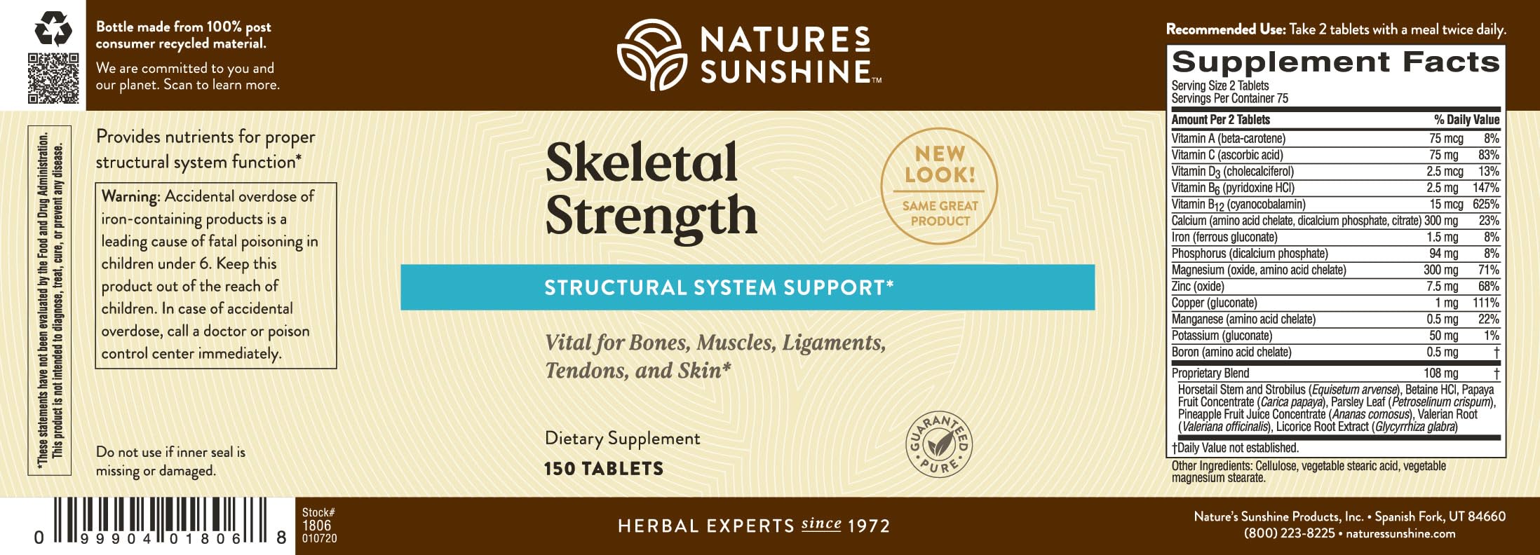 Nature's Sunshine comparación de tamaño de tabletas Skeletal Strength para dosificación clara