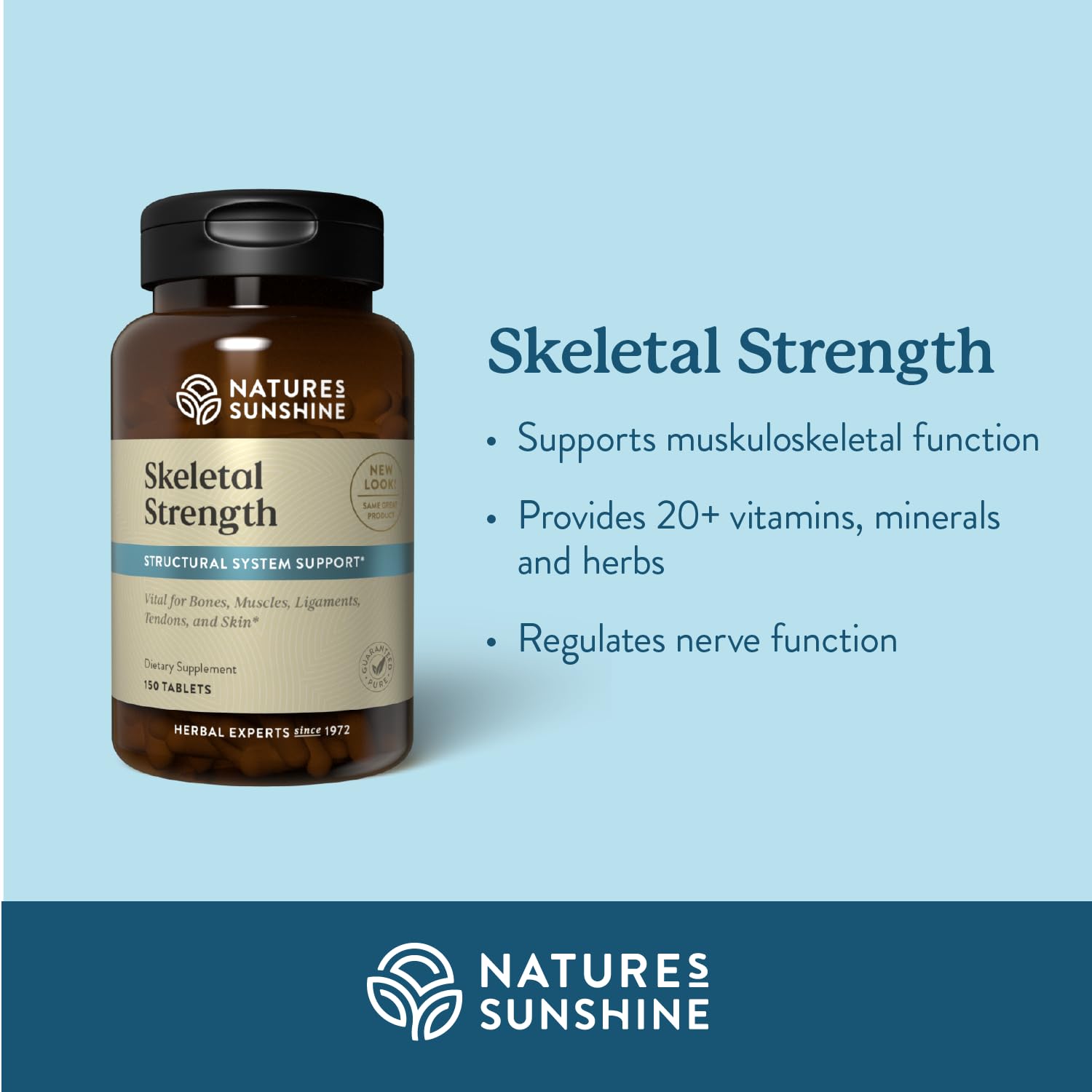 Nature's Sunshine primer plano de tabletas Skeletal Strength que revela textura y calidad