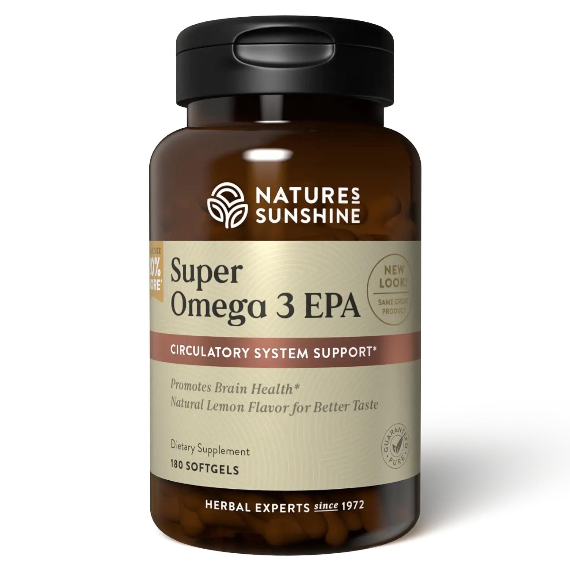 Nature's Sunshine frasco frontal mostrando 180 softgels y beneficios de conveniencia