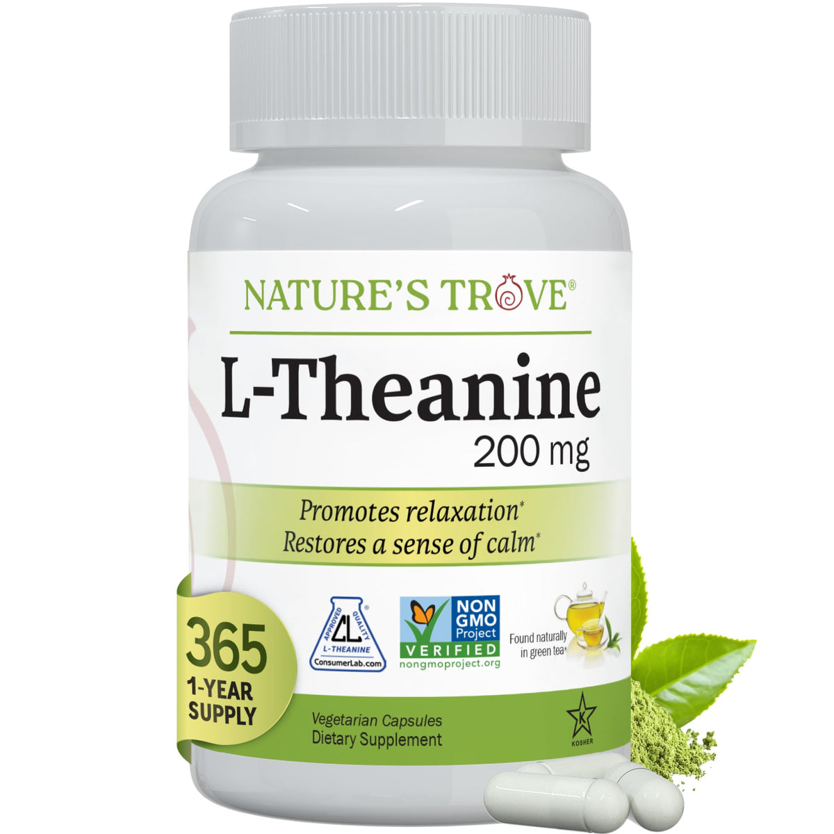 Nature's Trove vista frontal del envase con 365 cápsulas y beneficio ahorro