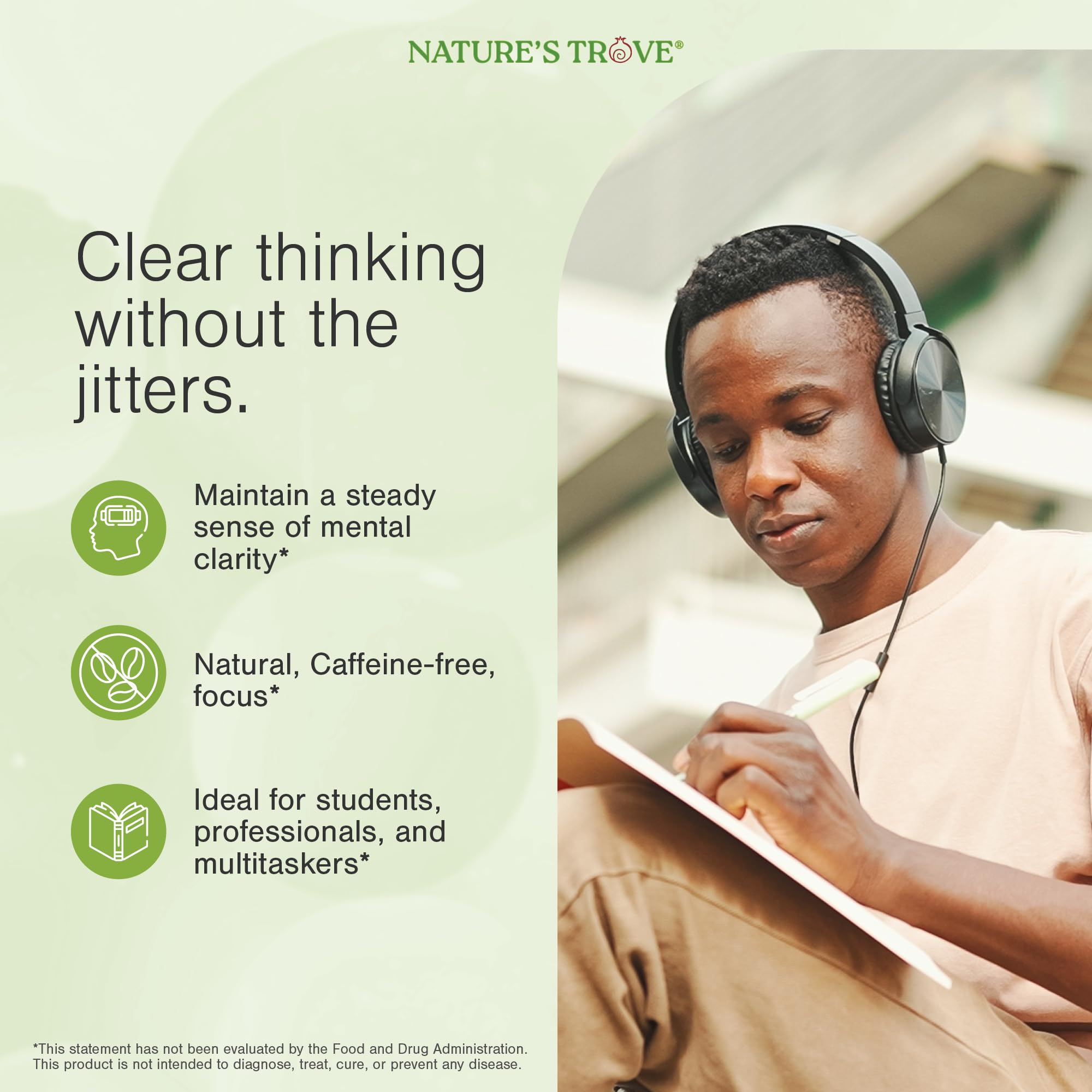 Nature's Trove cápsulas junto a taza y cuaderno ilustrando uso diario calmante