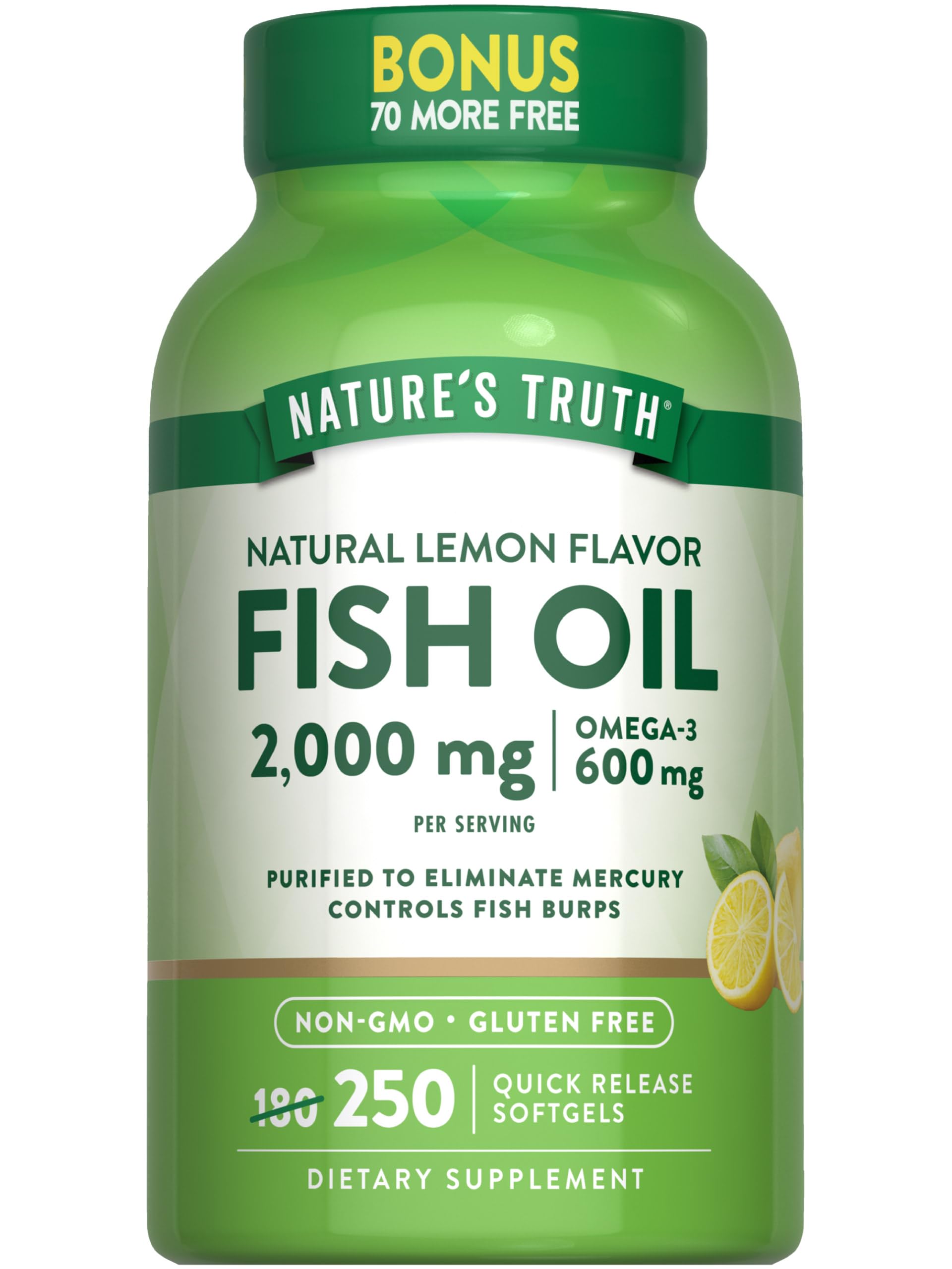 Nature's Truth frasco frontal mostrando 250 softgels y beneficios claros