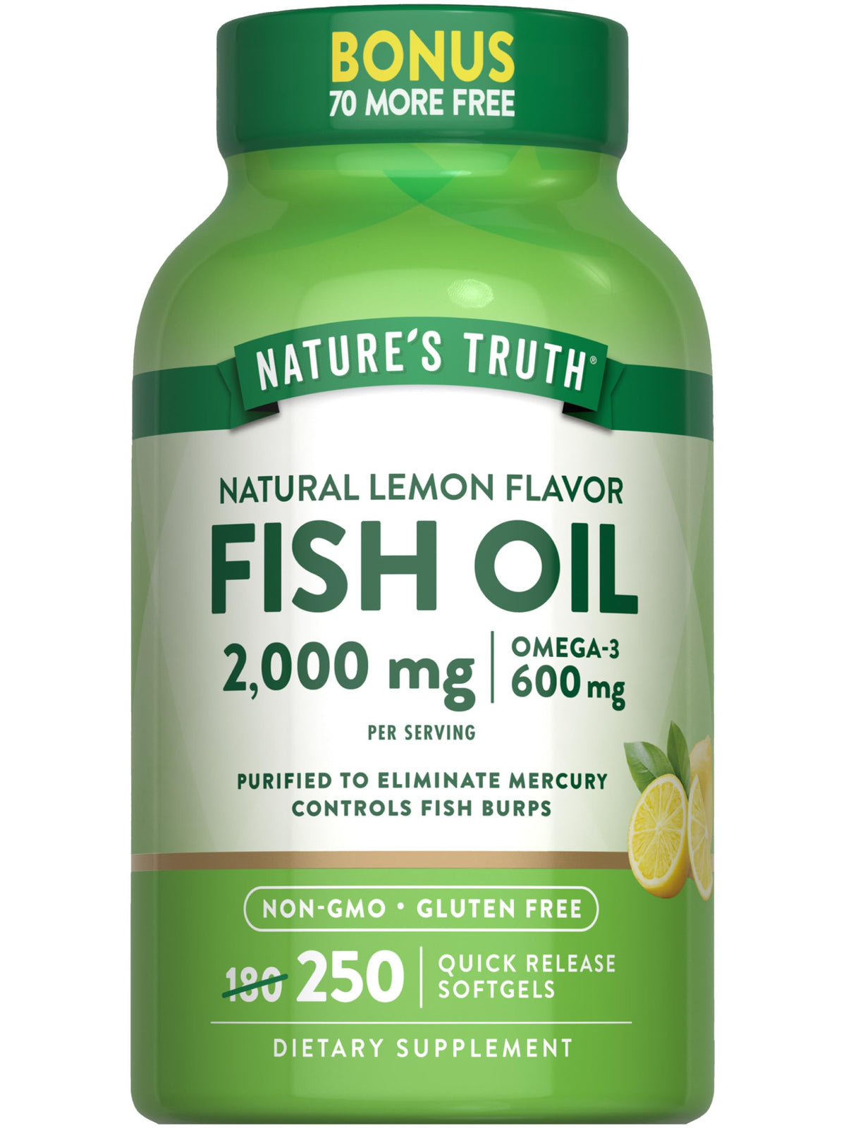 Nature's Truth frasco frontal mostrando 250 softgels y beneficios claros