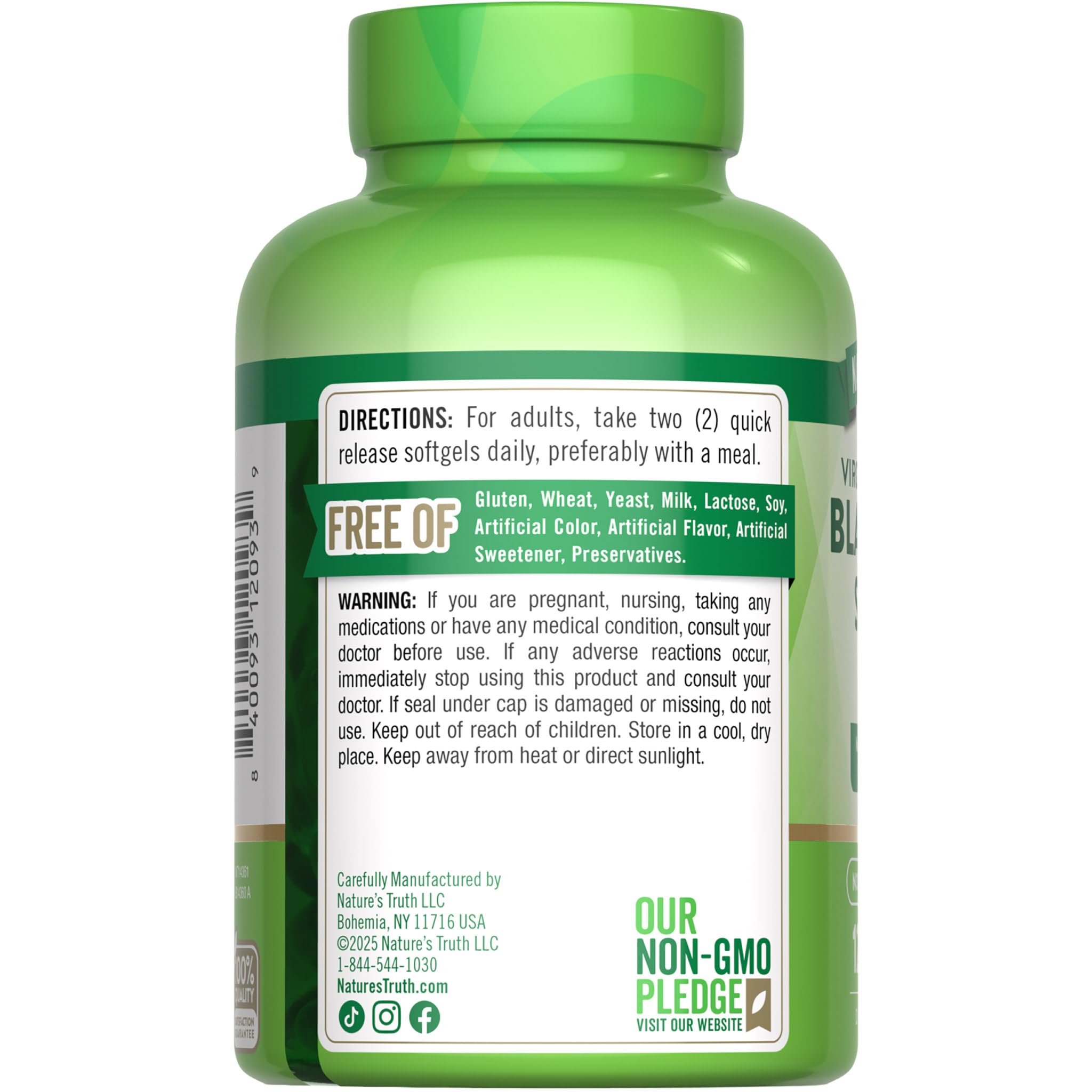 Nature's Truth botella junto a frutas y mantel para estilo de vida saludable