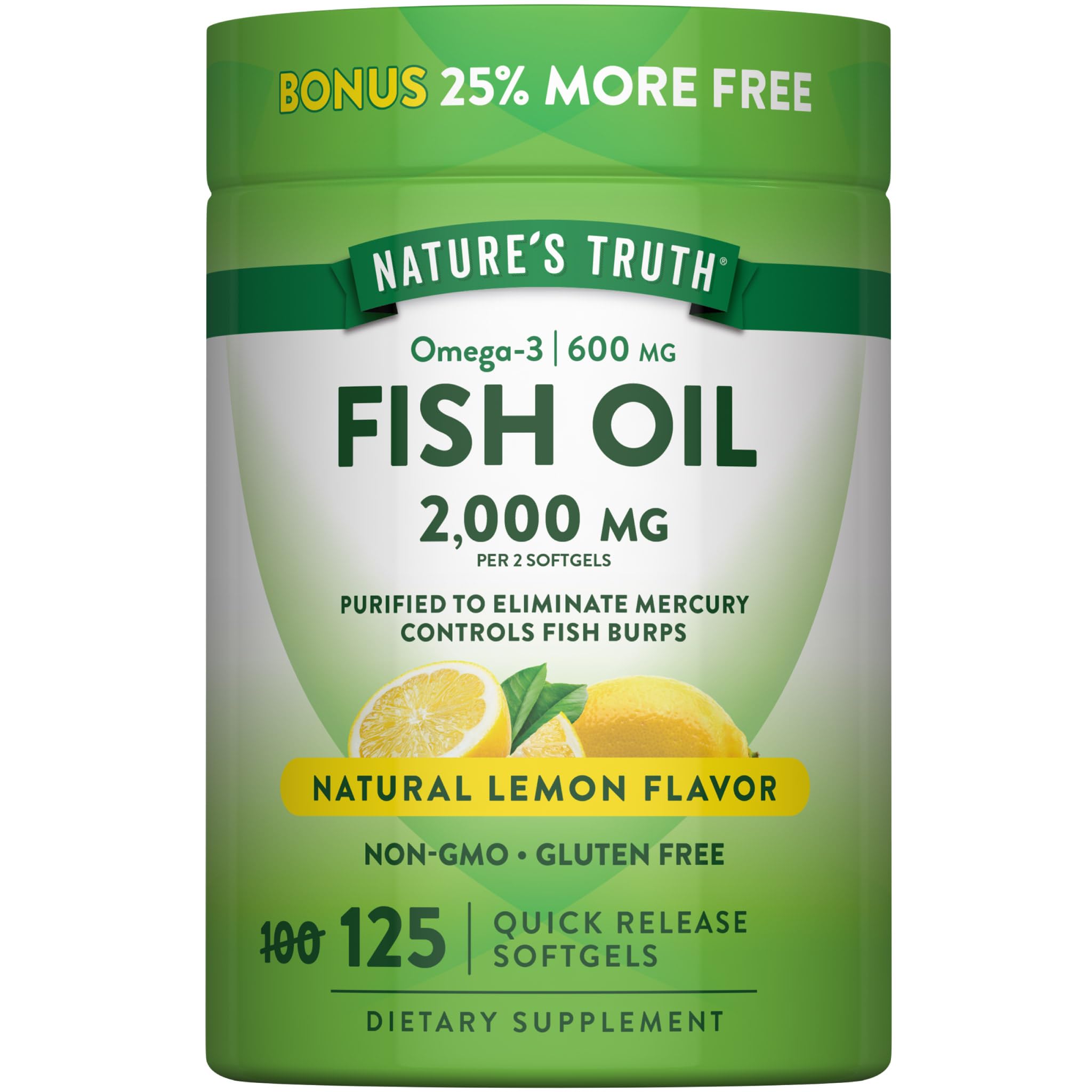 Nature's Truth frasco delantero mostrando cantidad y beneficio omega-3