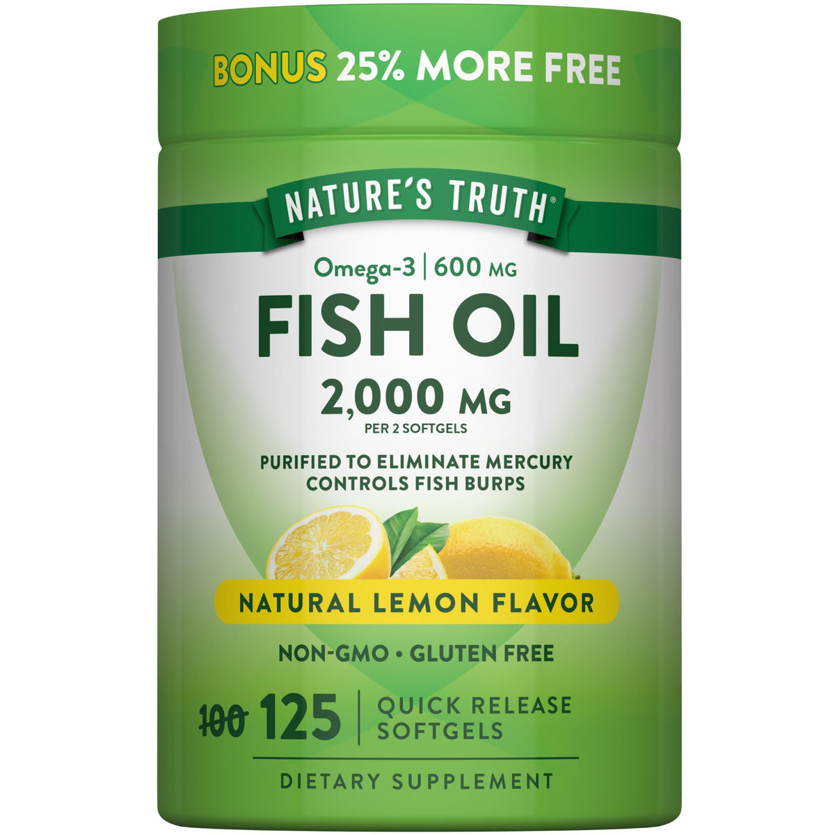Nature's Truth frasco delantero mostrando cantidad y beneficio omega-3