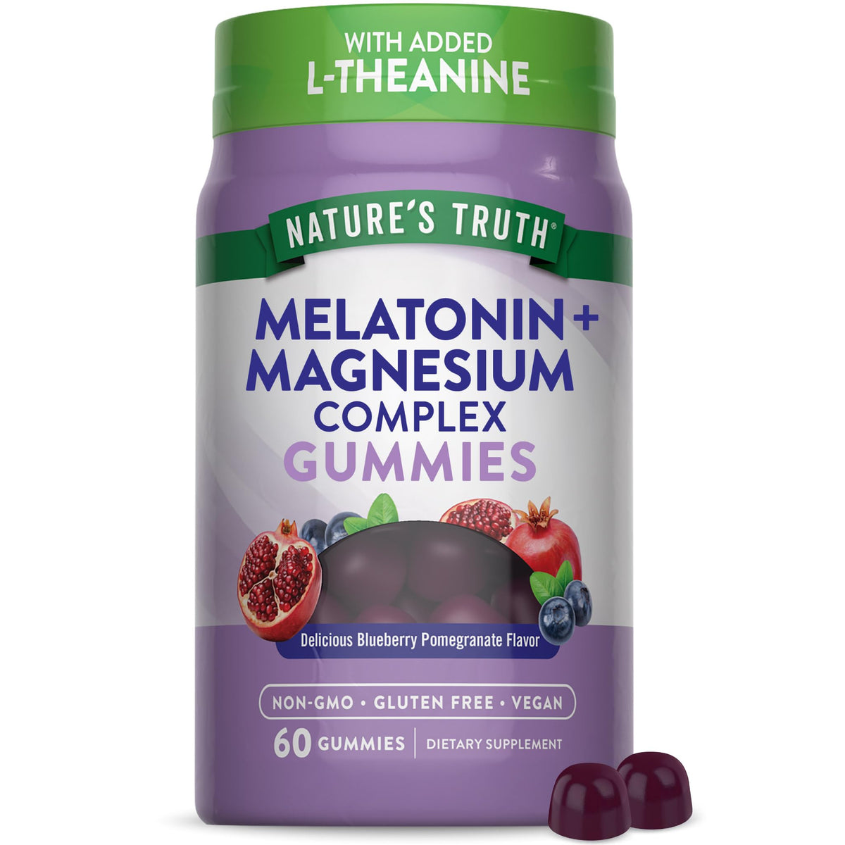 Nature's Truth frasco frontal mostrando 60 gomitas y beneficios veganos