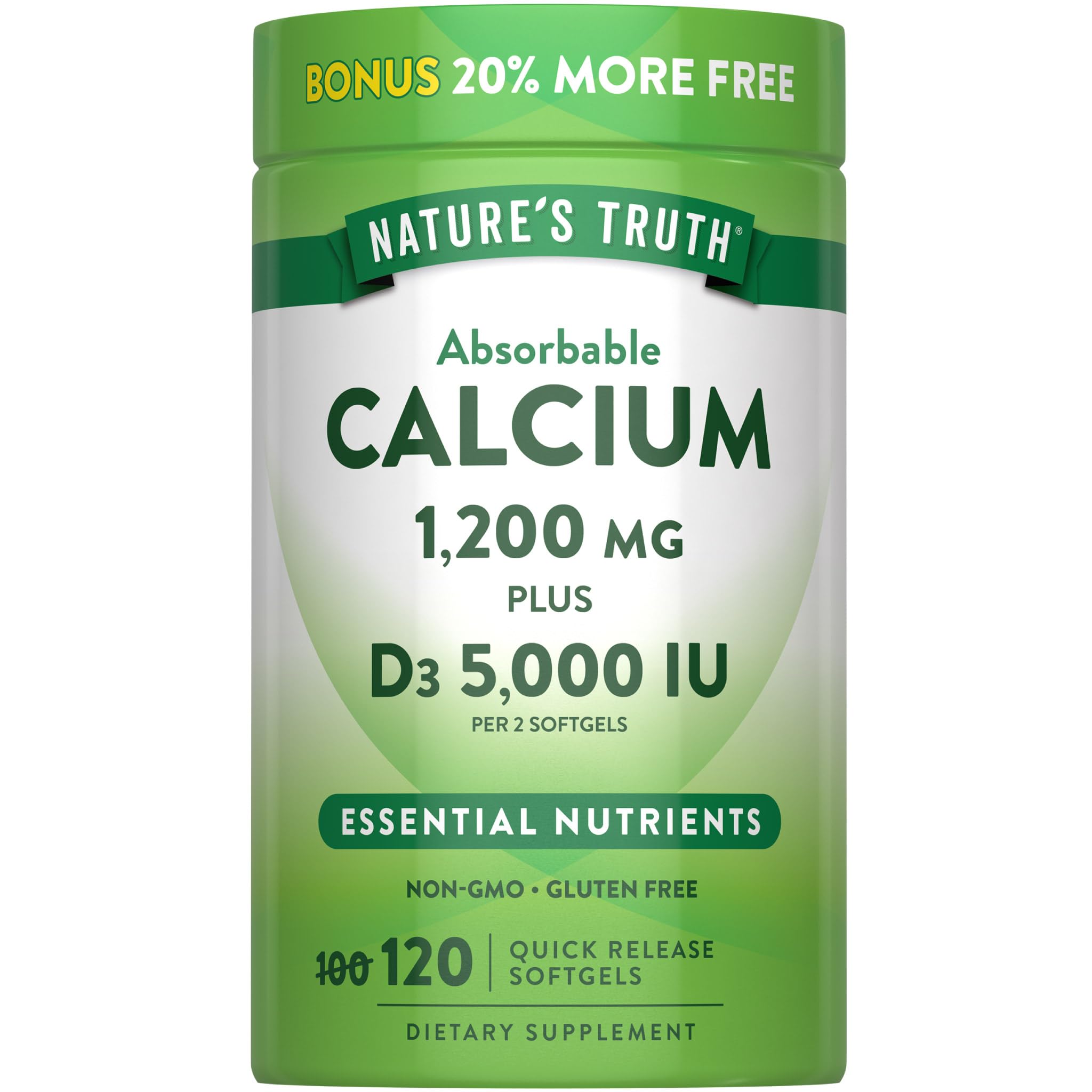 Nature's Truth envase frontal mostrando 120 softgels y beneficios de calcio