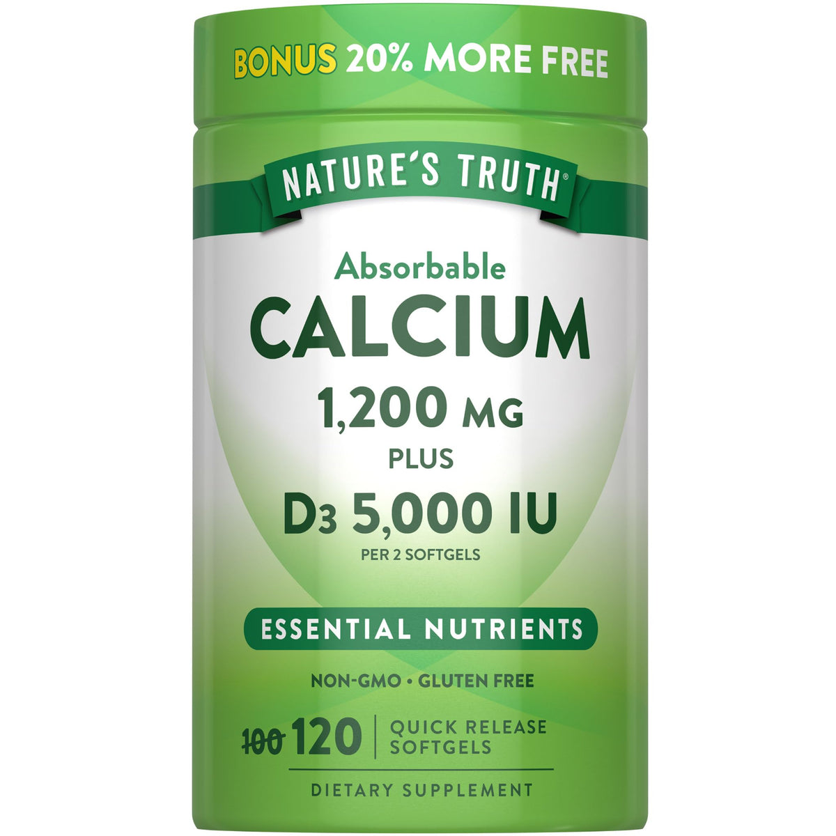 Nature's Truth envase frontal mostrando 120 softgels y beneficios de calcio