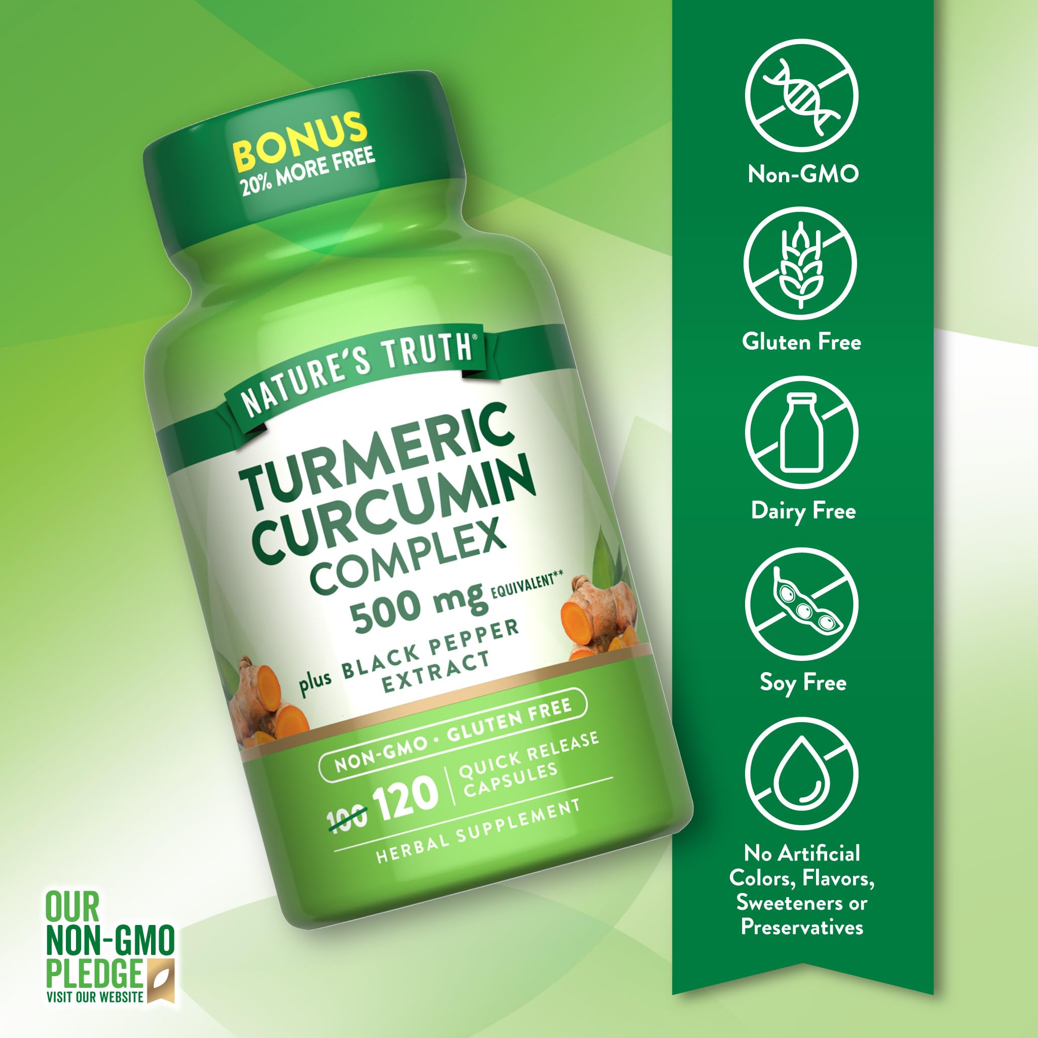Nature's Truth raíz de cúrcuma como ilustración del ingrediente principal natural