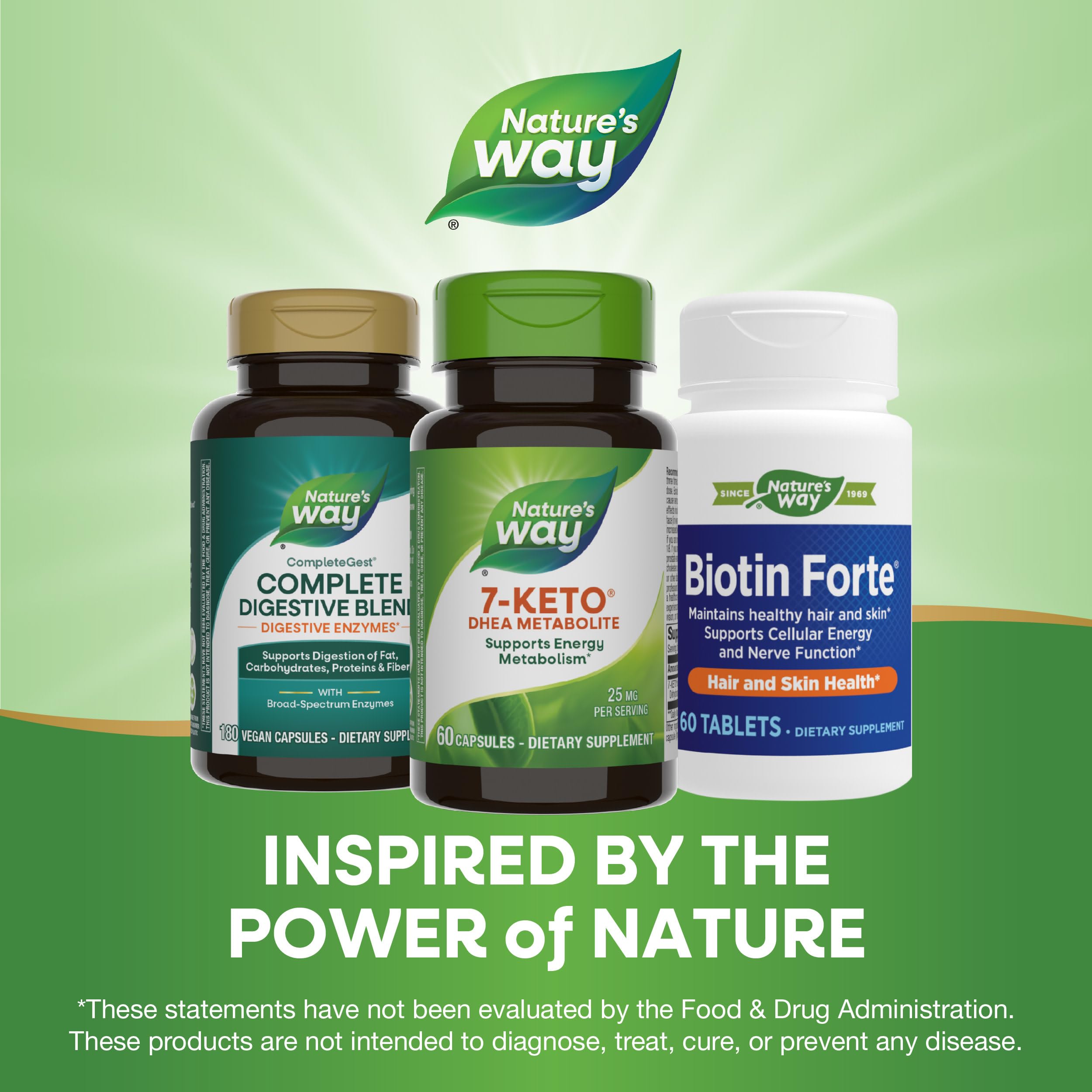 Nature's Way frasco sobre mesa con ingredientes naturales como contexto