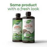Primer plano de textura del aceite MCT Nature's Way que muestra pureza y fluidez